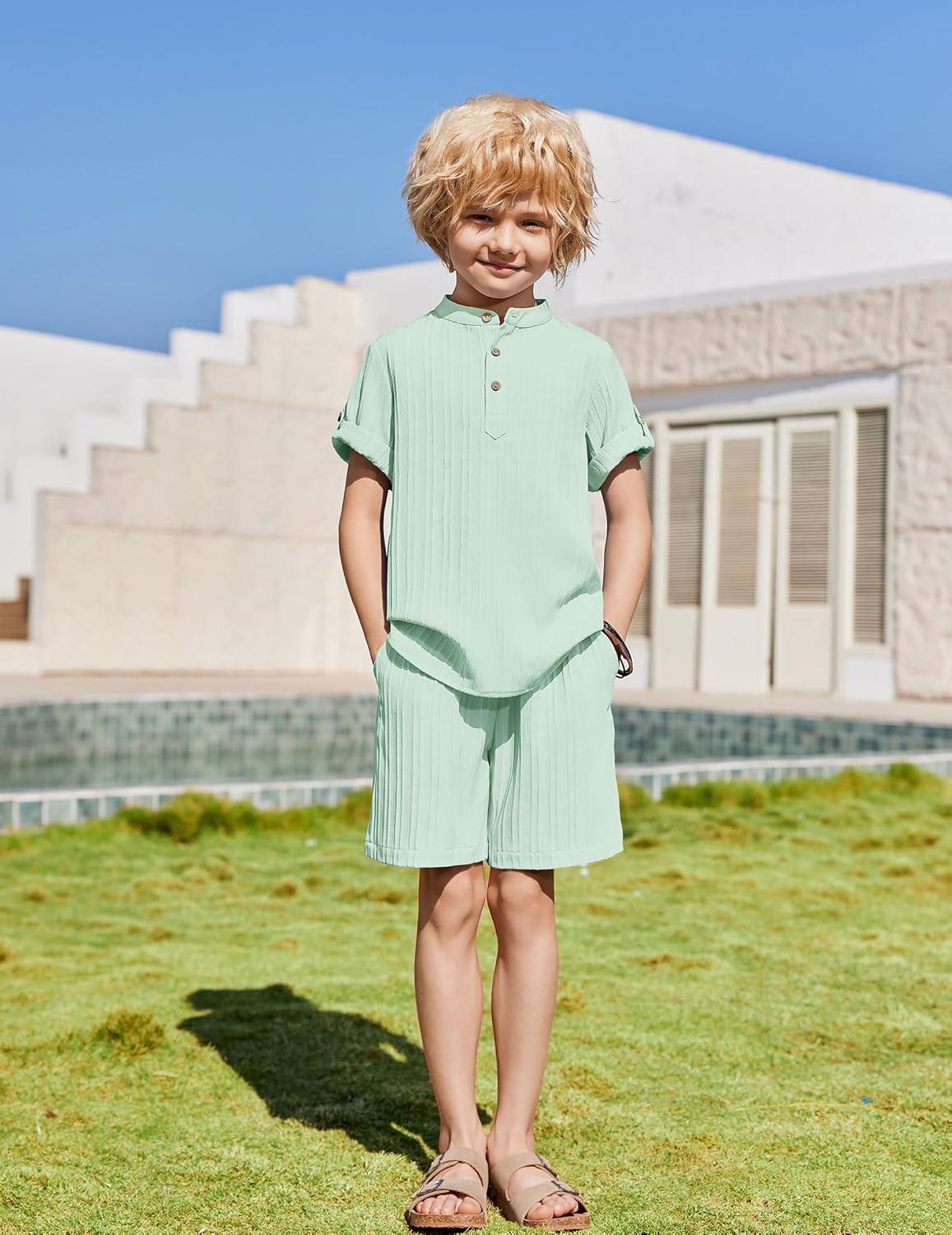 image:imageArshiner Boys 2 Piece Summer Beach Outfits Textured Henley Shirts and Shorts Set Casual Vacation Clothes for 412 Years KidsLight Green