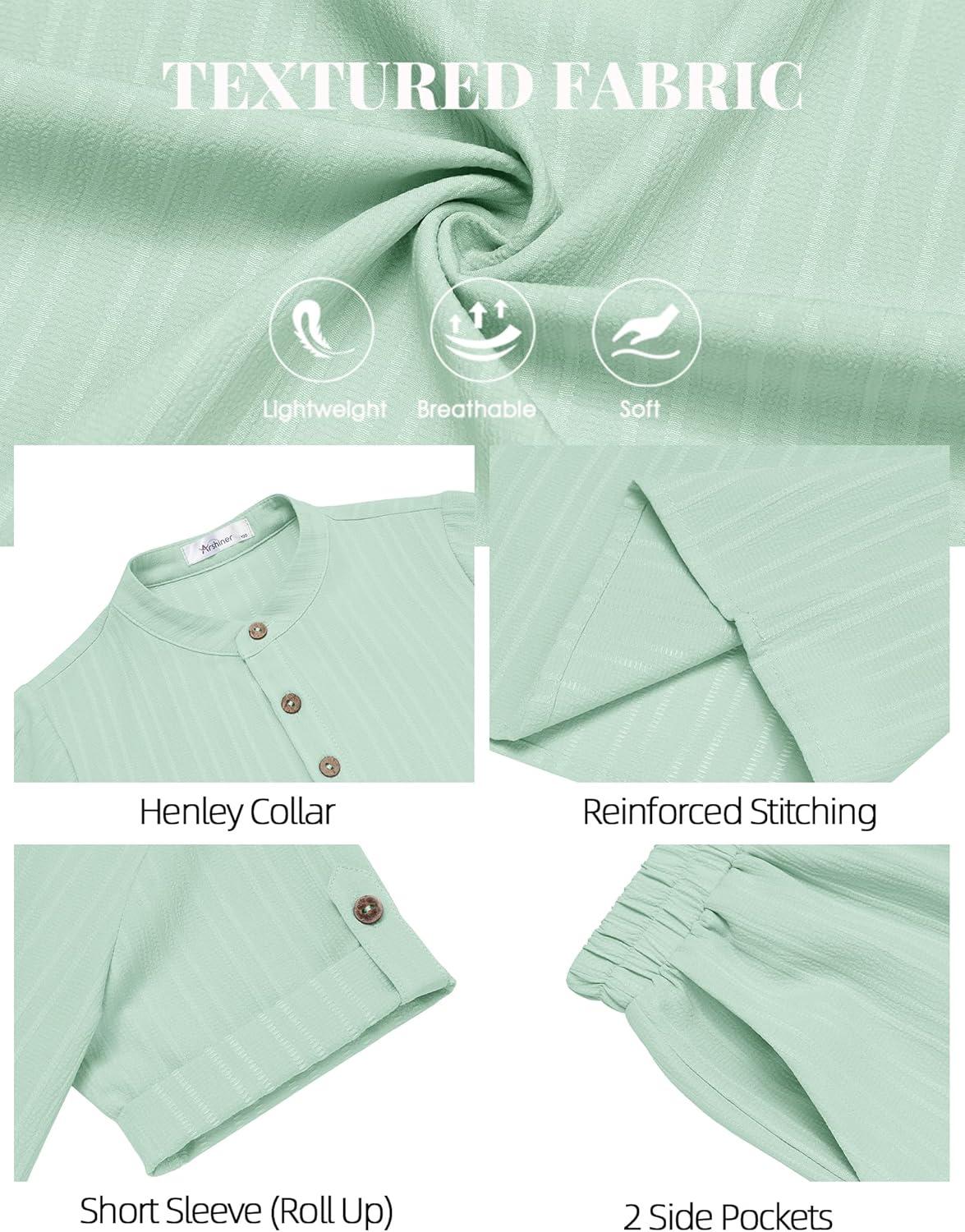 image:imageArshiner Boys 2 Piece Summer Beach Outfits Textured Henley Shirts and Shorts Set Casual Vacation Clothes for 412 Years KidsLight Green