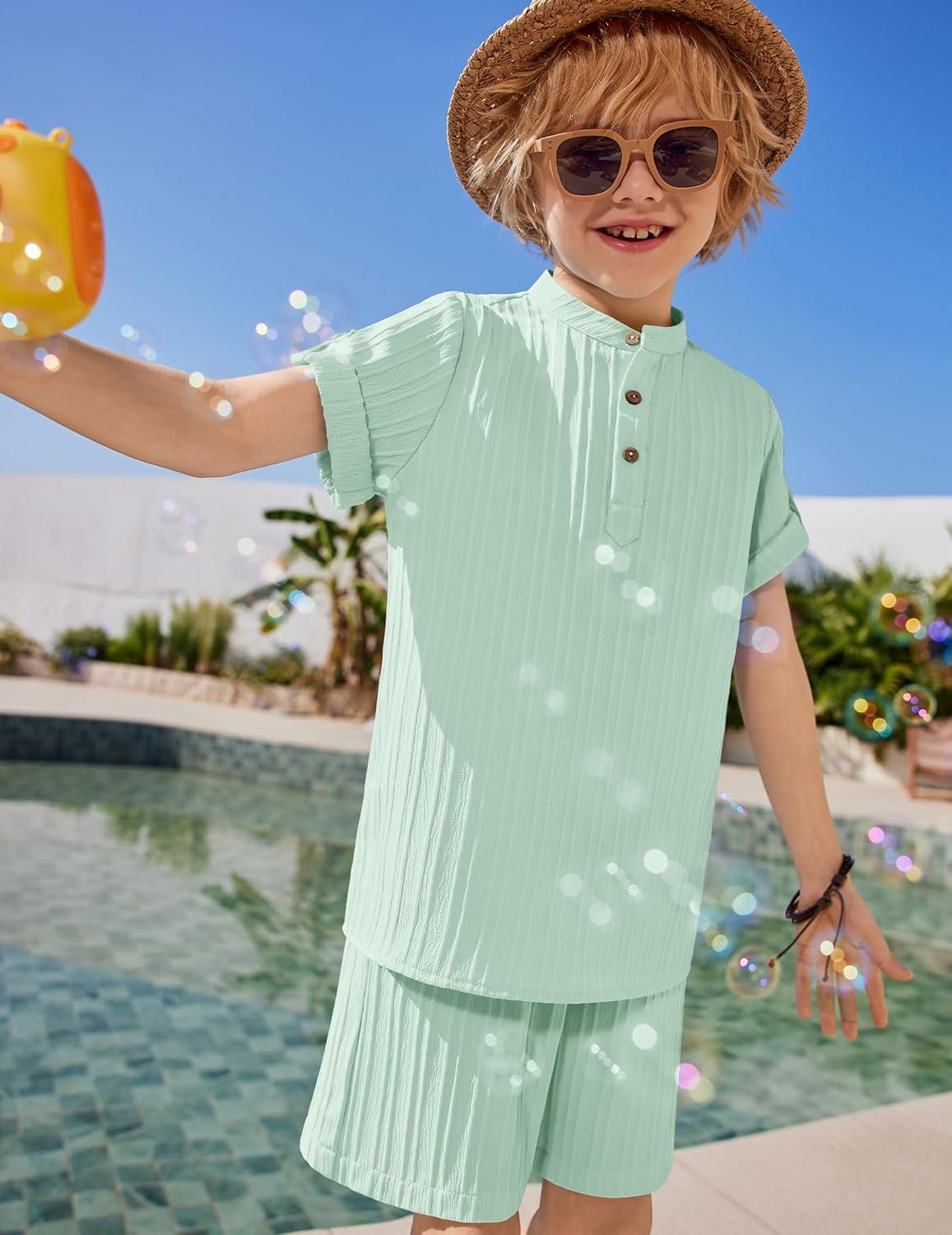 image:imageArshiner Boys 2 Piece Summer Beach Outfits Textured Henley Shirts and Shorts Set Casual Vacation Clothes for 412 Years KidsLight Green