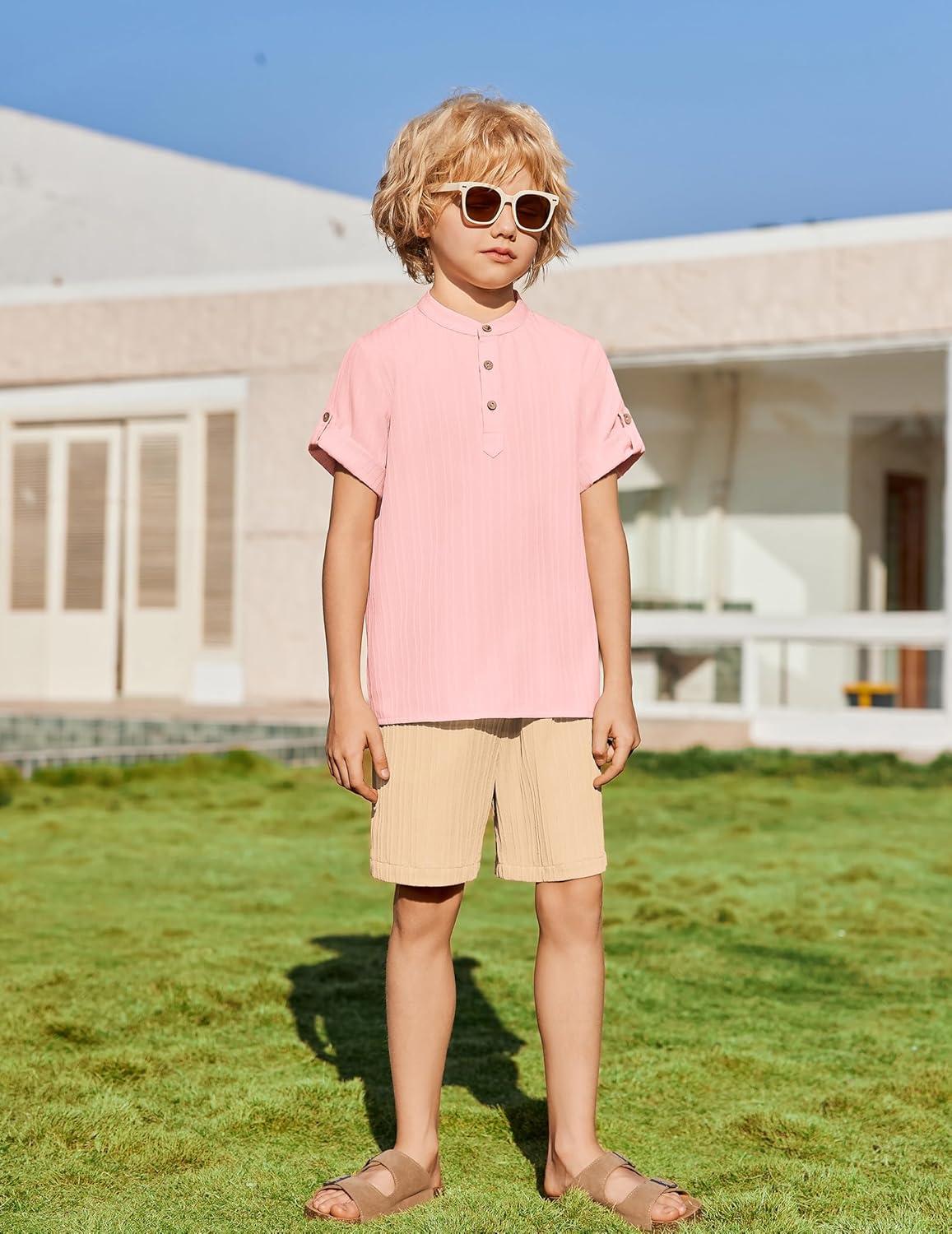 image:imageArshiner Boys 2 Piece Summer Beach Outfits Textured Henley Shirts and Shorts Set Casual Vacation Clothes for 412 Years KidsLight Pink