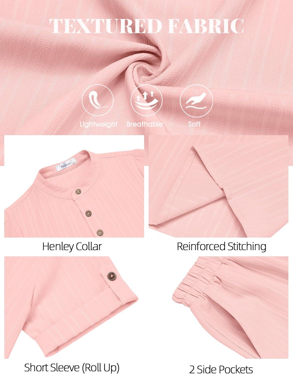image:imageArshiner Boys 2 Piece Summer Beach Outfits Textured Henley Shirts and Shorts Set Casual Vacation Clothes for 412 Years KidsLight Pink