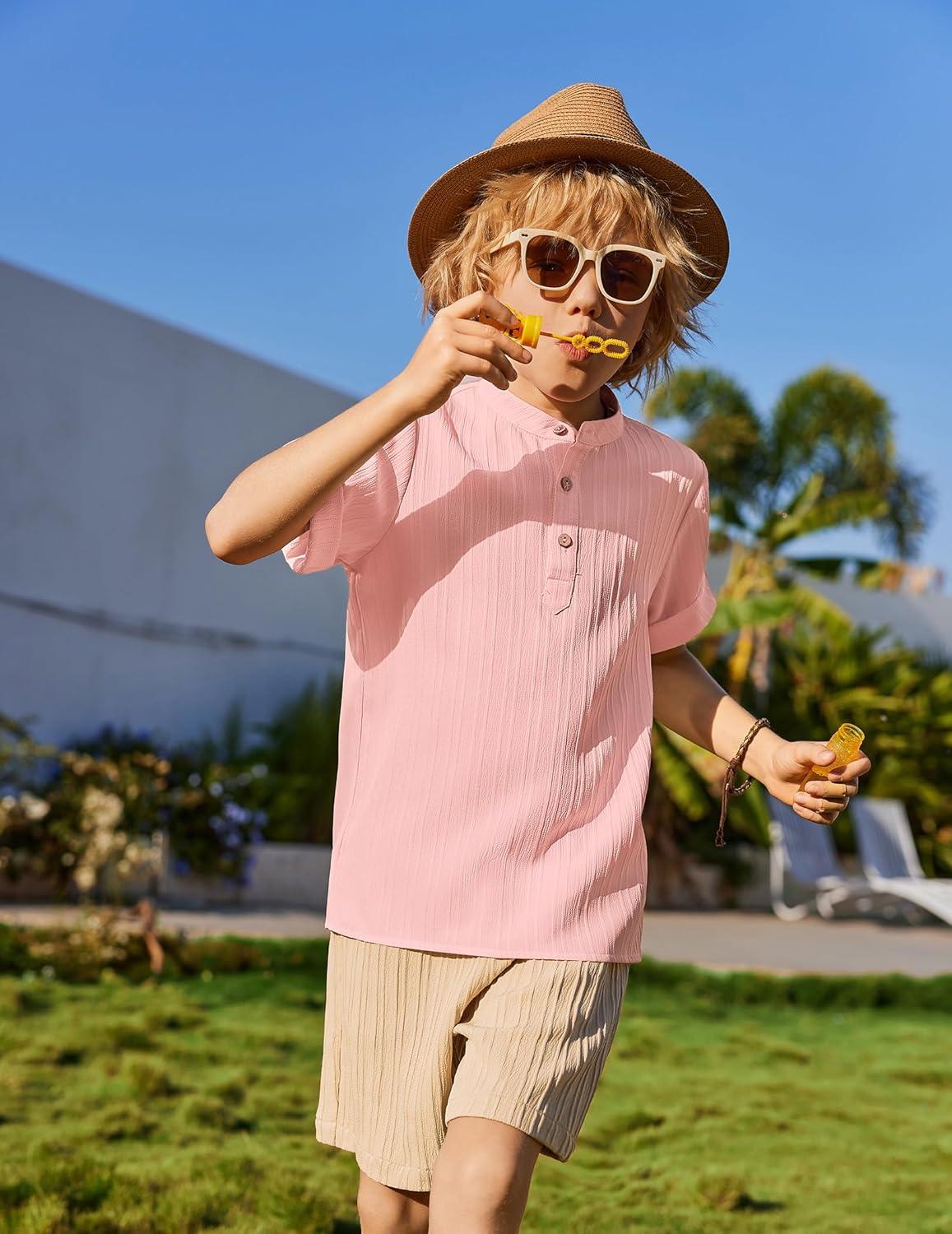 image:imageArshiner Boys 2 Piece Summer Beach Outfits Textured Henley Shirts and Shorts Set Casual Vacation Clothes for 412 Years KidsLight Pink