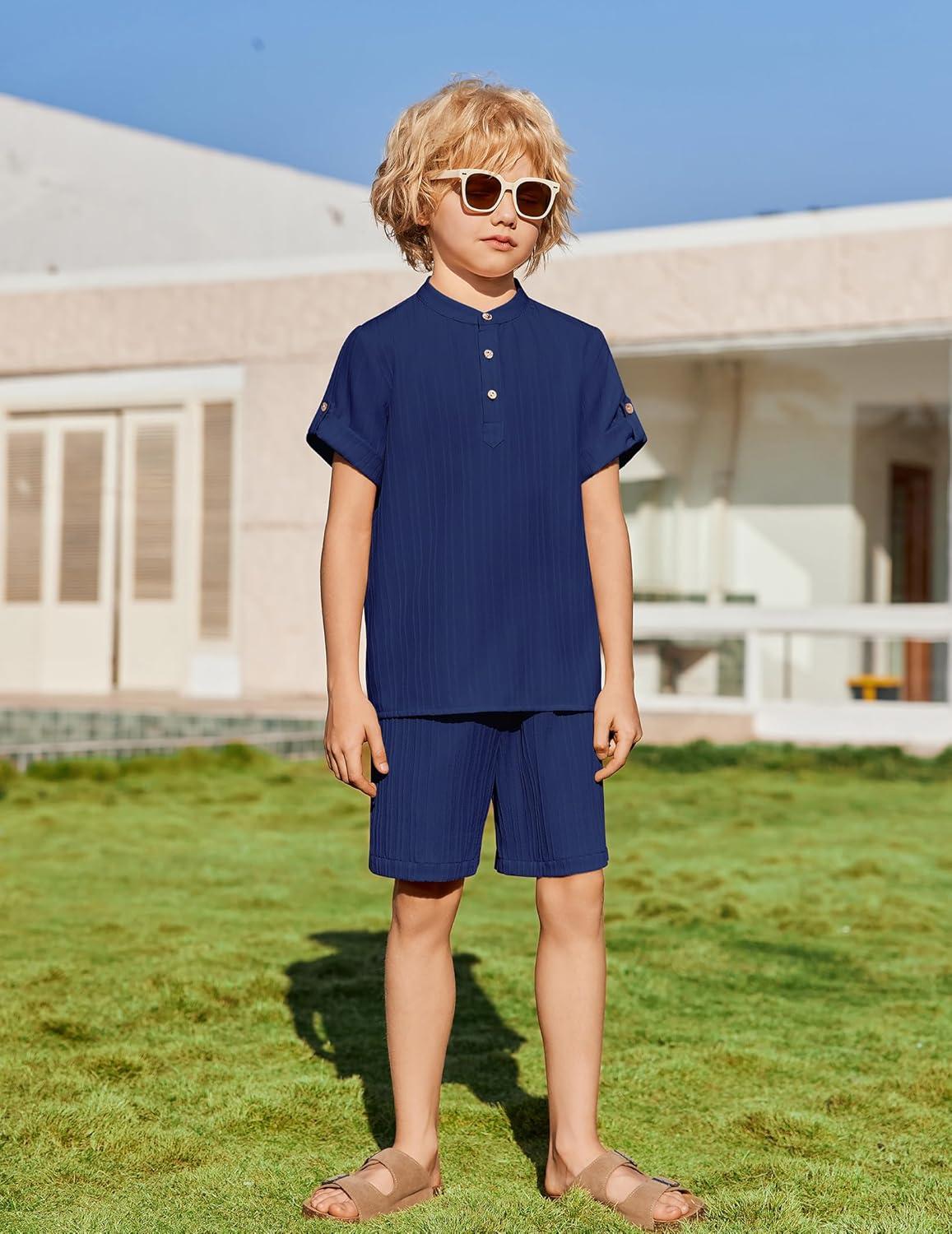 image:imageArshiner Boys 2 Piece Summer Beach Outfits Textured Henley Shirts and Shorts Set Casual Vacation Clothes for 412 Years KidsNavy Blue