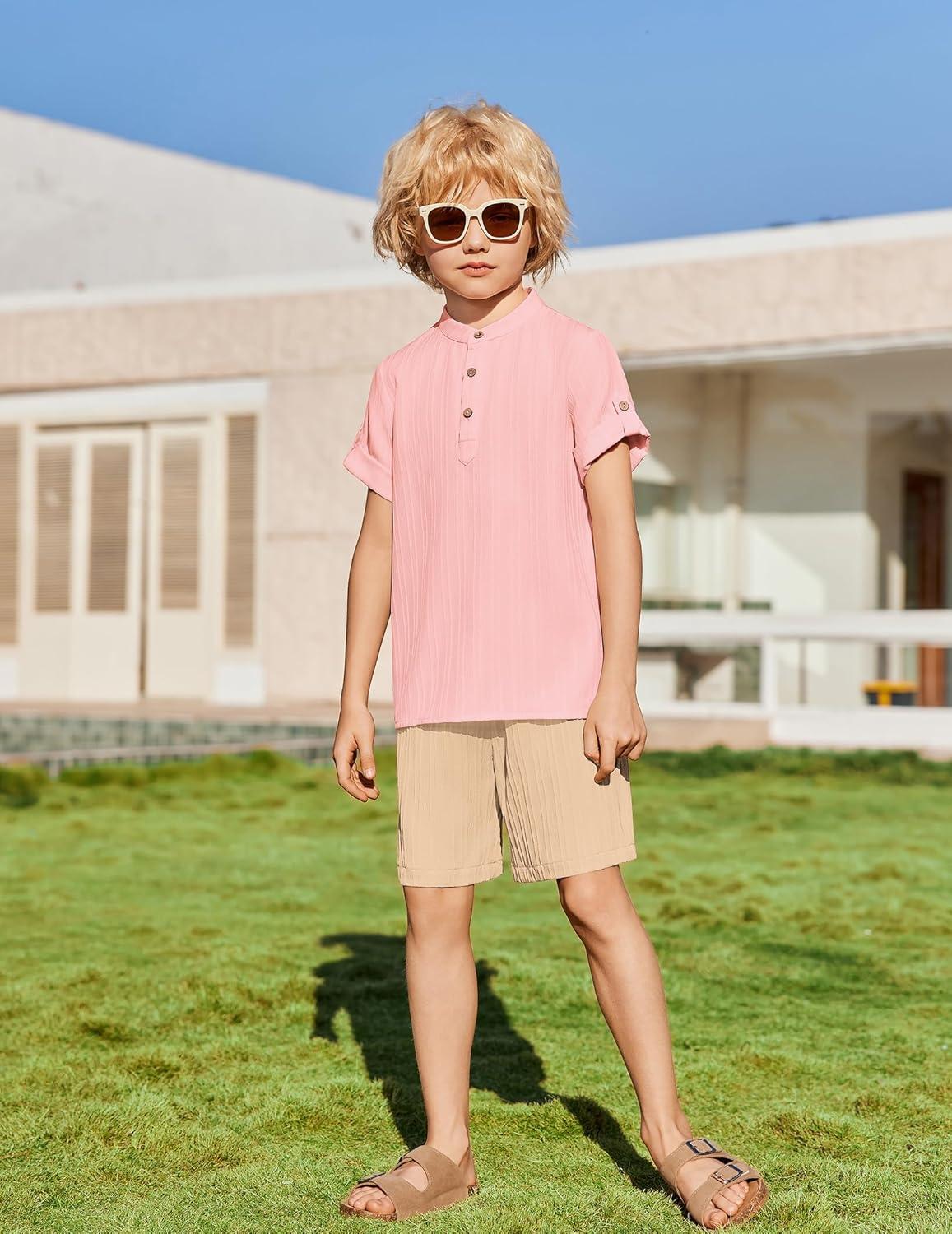 image:imageArshiner Boys 2 Piece Summer Beach Outfits Textured Henley Shirts and Shorts Set Casual Vacation Clothes for 412 Years KidsPinkkhaki