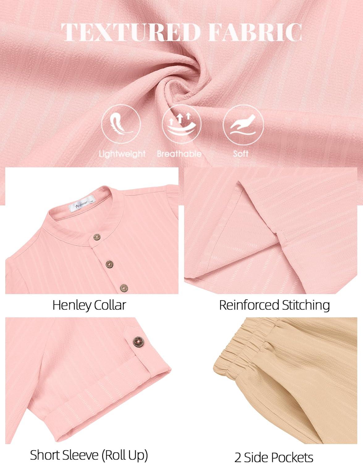 image:imageArshiner Boys 2 Piece Summer Beach Outfits Textured Henley Shirts and Shorts Set Casual Vacation Clothes for 412 Years KidsPinkkhaki