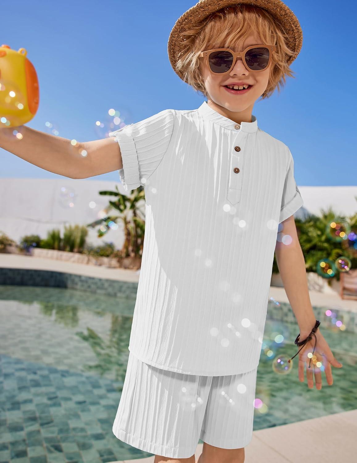 image:imageArshiner Boys 2 Piece Summer Beach Outfits Textured Henley Shirts and Shorts Set Casual Vacation Clothes for 412 Years KidsWhite
