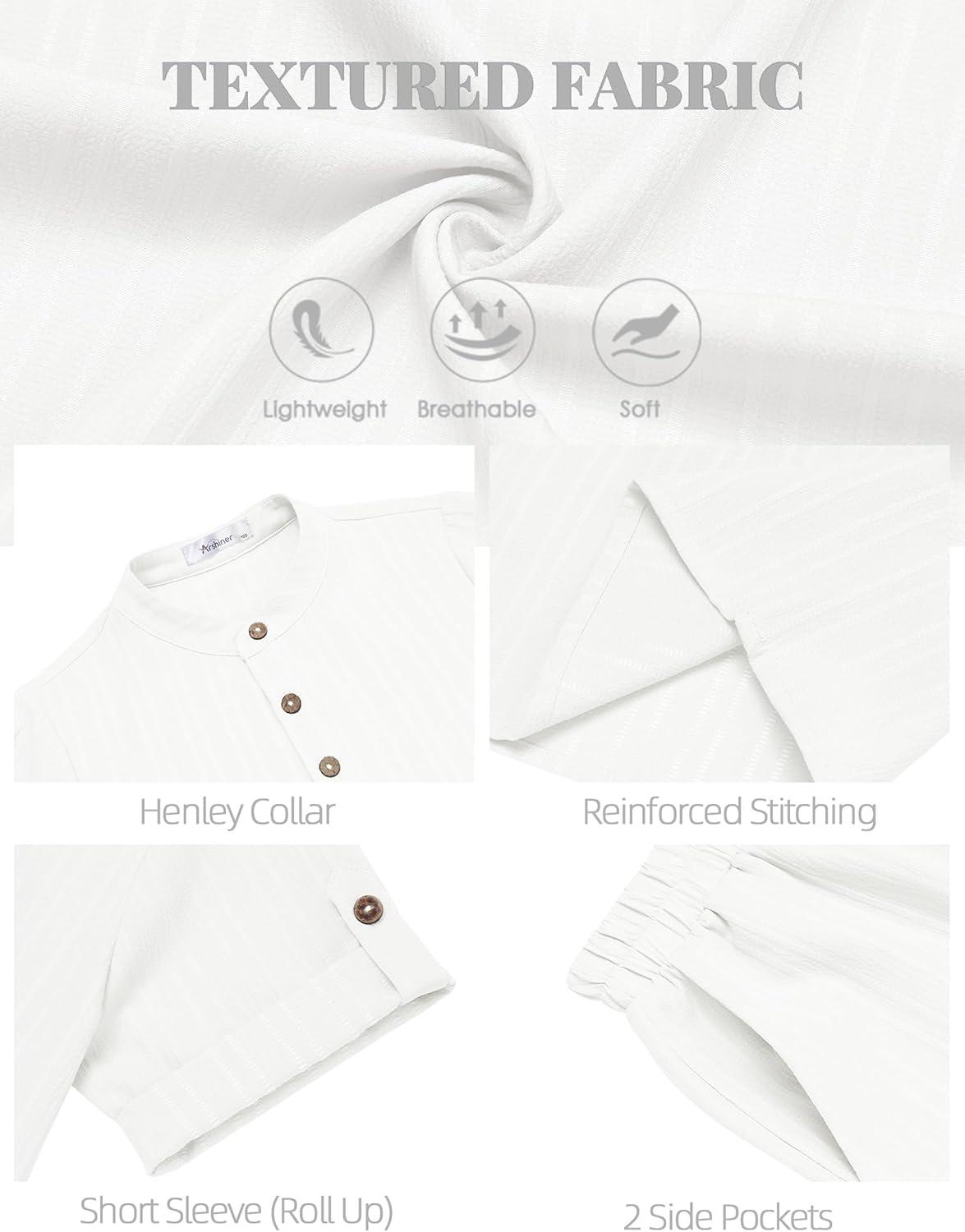 image:imageArshiner Boys 2 Piece Summer Beach Outfits Textured Henley Shirts and Shorts Set Casual Vacation Clothes for 412 Years KidsWhite