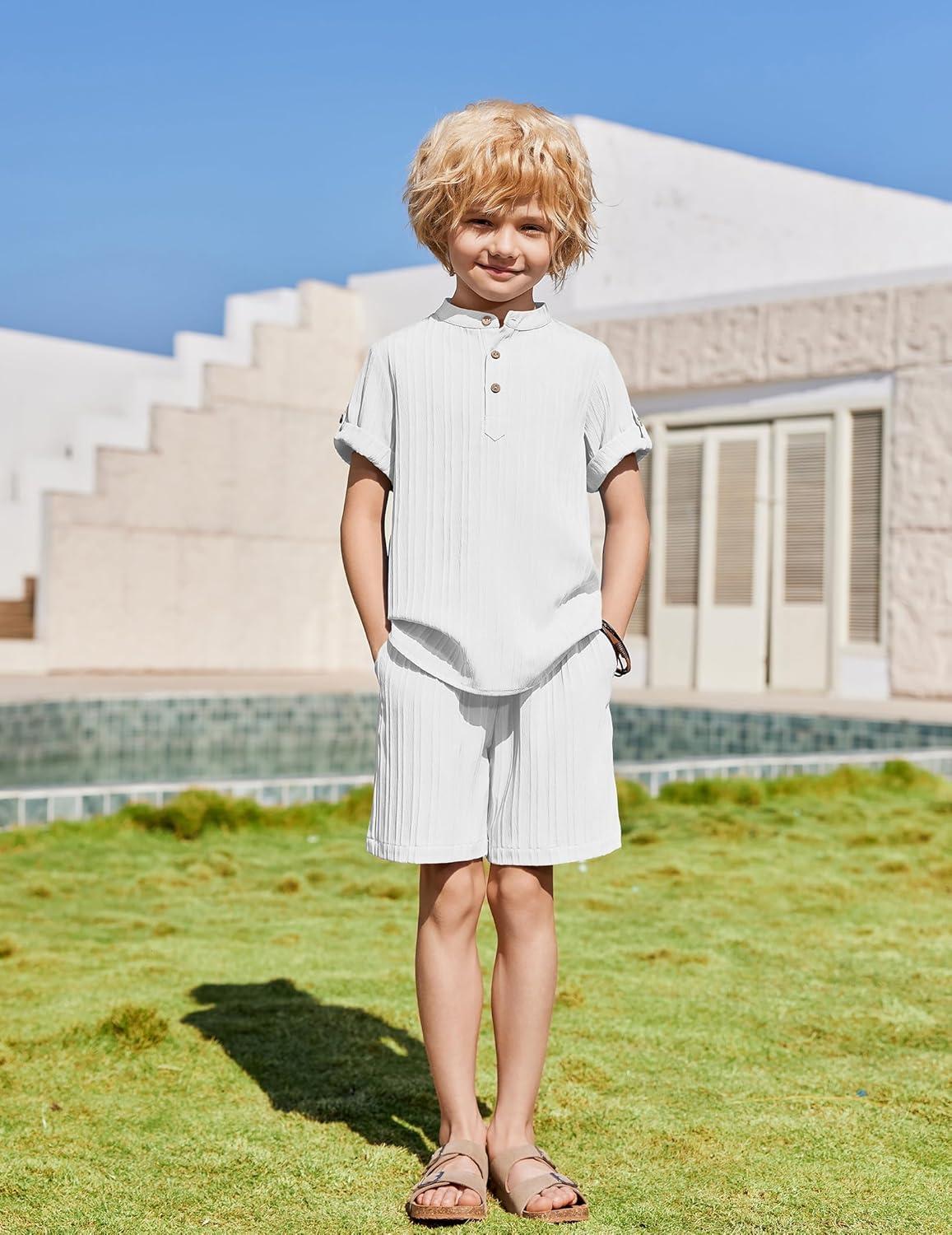 image:imageArshiner Boys 2 Piece Summer Beach Outfits Textured Henley Shirts and Shorts Set Casual Vacation Clothes for 412 Years KidsWhite