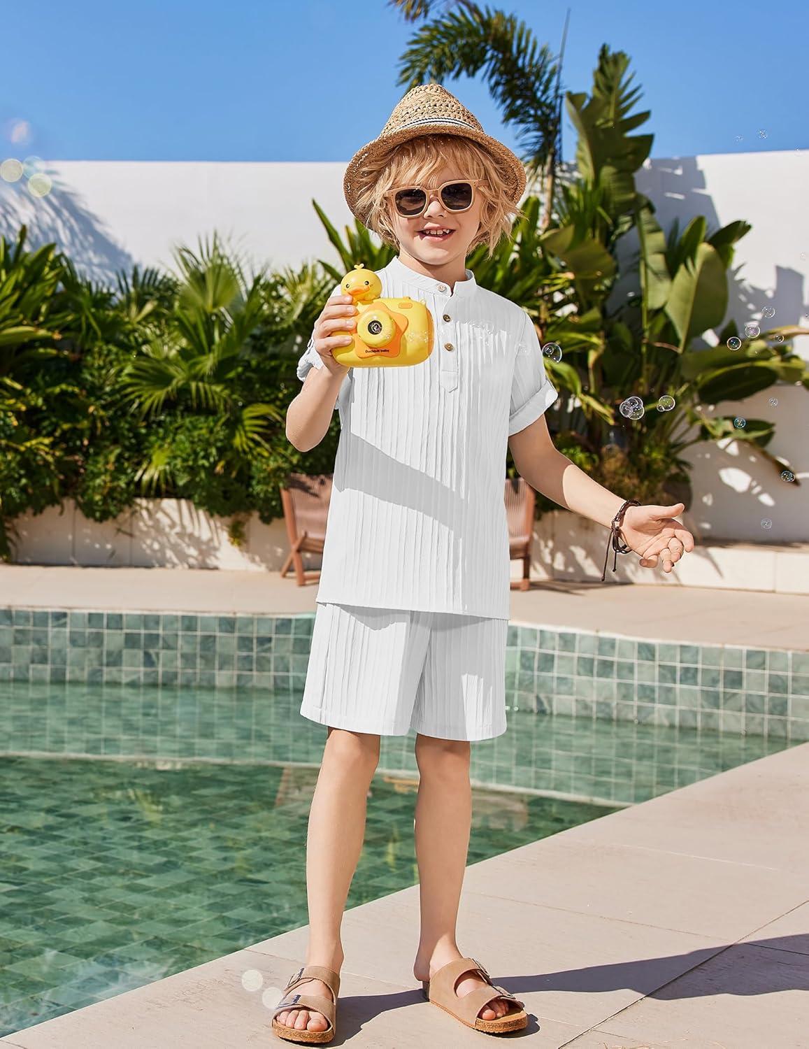image:imageArshiner Boys 2 Piece Summer Beach Outfits Textured Henley Shirts and Shorts Set Casual Vacation Clothes for 412 Years KidsWhite