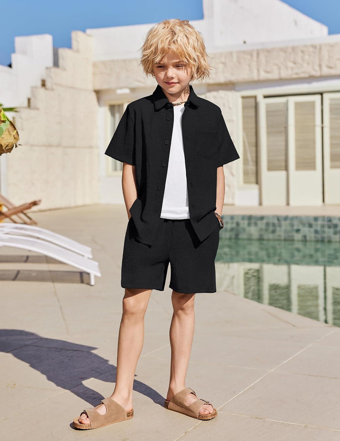 image:imageArshiner Boys 2 Pieces Summer Outfits Short Sleeve Button Down Shirts and Shorts Sets for Kids Vacation Beach Wear 512 YearsBlack
