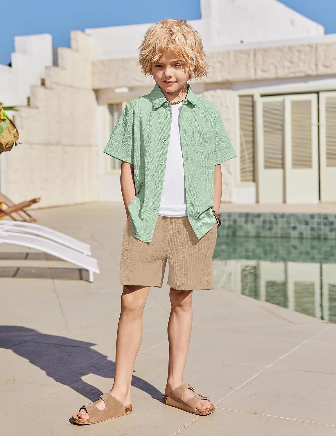 image:imageArshiner Boys 2 Pieces Summer Outfits Short Sleeve Button Down Shirts and Shorts Sets for Kids Vacation Beach Wear 512 YearsGreenkhaki