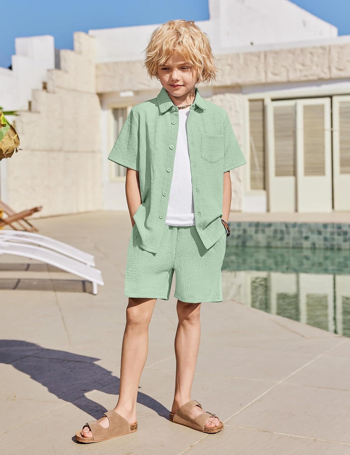 image:imageArshiner Boys 2 Pieces Summer Outfits Short Sleeve Button Down Shirts and Shorts Sets for Kids Vacation Beach Wear 512 YearsIcy Green
