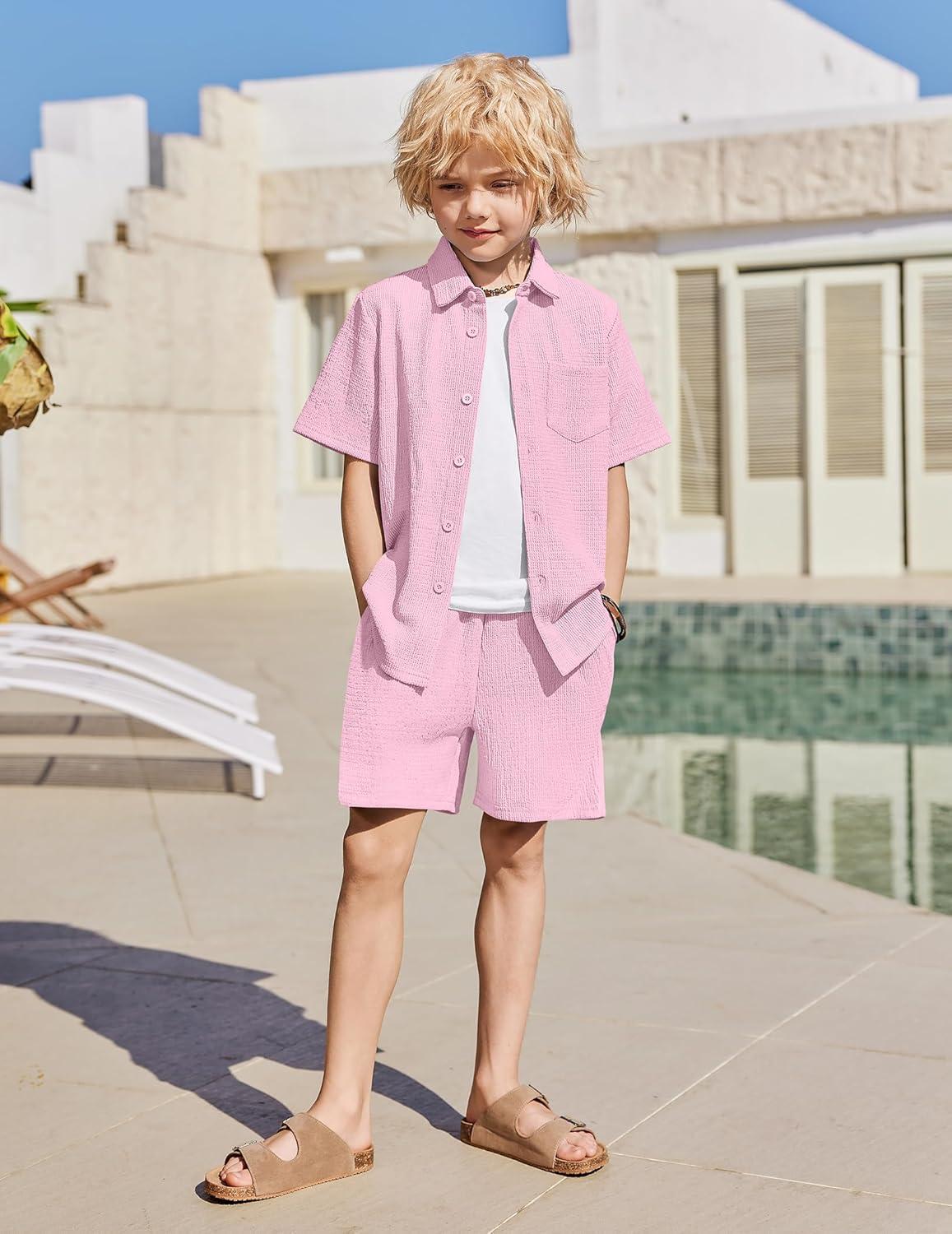 image:imageArshiner Boys 2 Pieces Summer Outfits Short Sleeve Button Down Shirts and Shorts Sets for Kids Vacation Beach Wear 512 YearsLight Pink