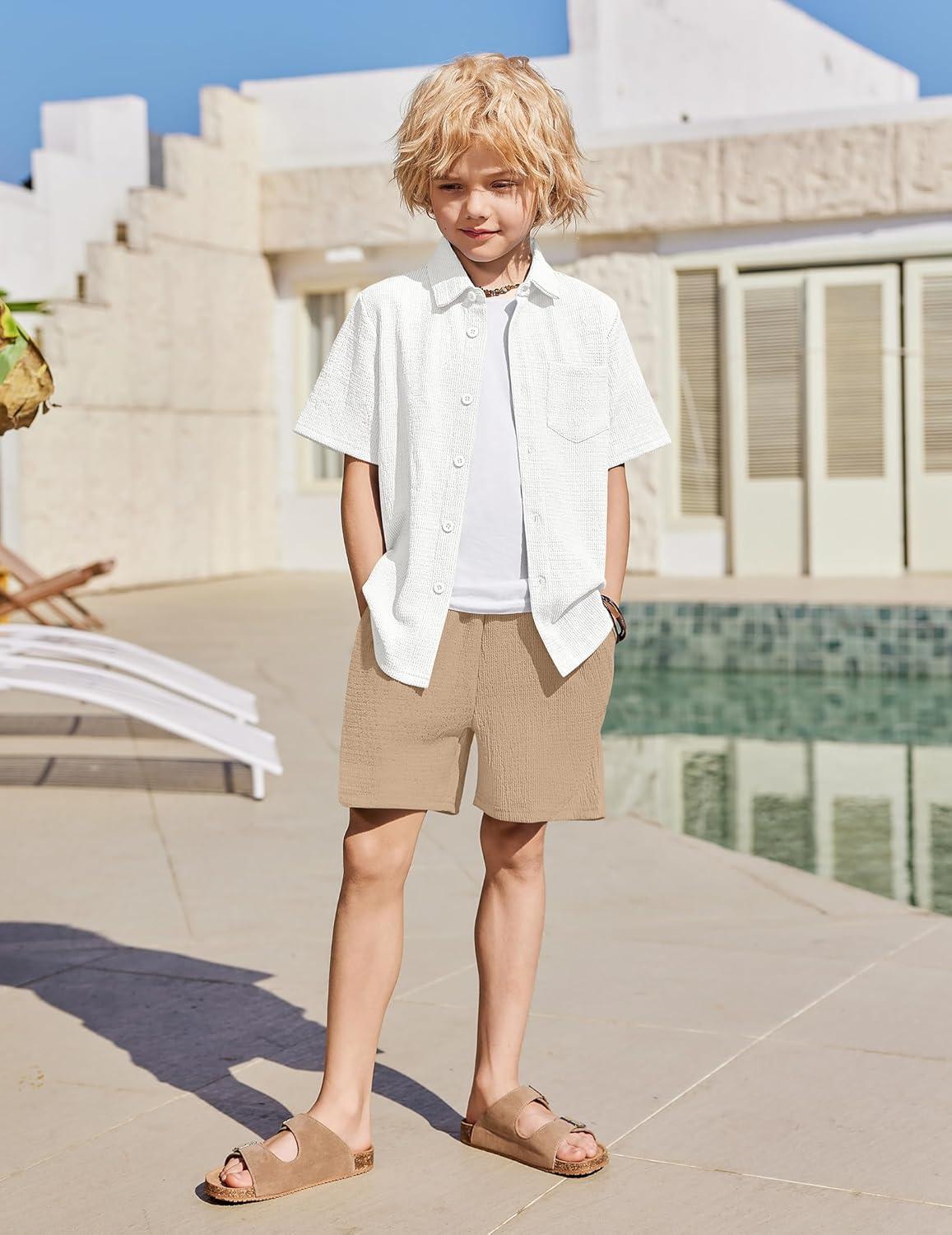 image:imageArshiner Boys 2 Pieces Summer Outfits Short Sleeve Button Down Shirts and Shorts Sets for Kids Vacation Beach Wear 512 YearsWhitekhaki