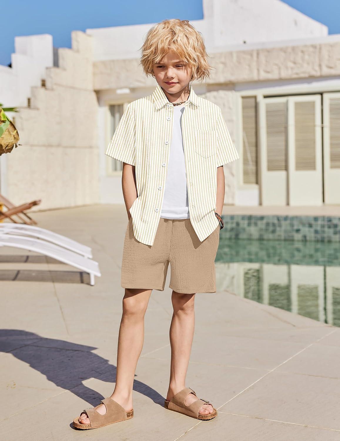 image:imageArshiner Boys 2 Pieces Summer Outfits Short Sleeve Button Down Shirts and Shorts Sets for Kids Vacation Beach Wear 512 YearsWhitekhaki Stripes