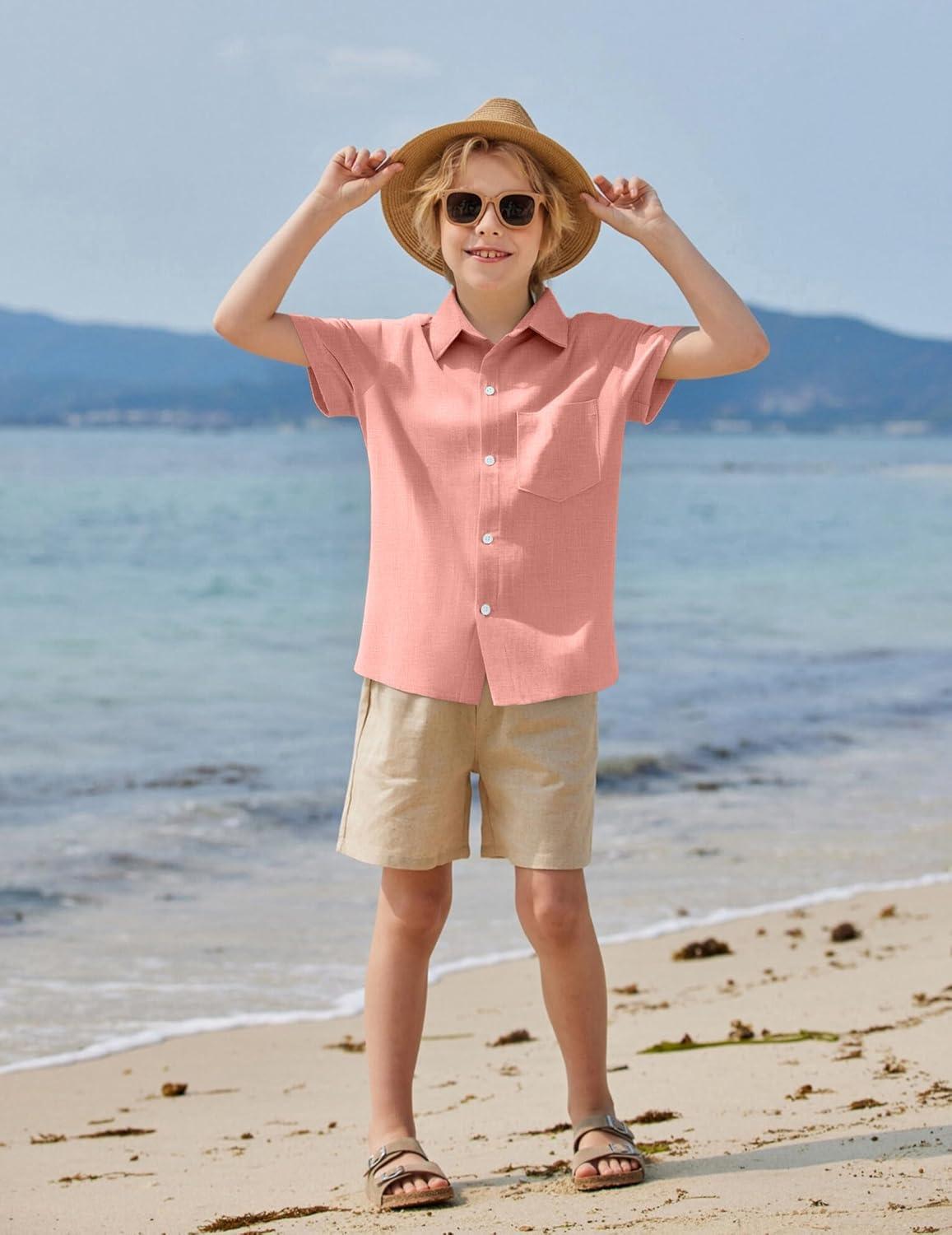 image:imageArshiner Boys Button Down Shirt 100 Cotton Short Sleeve Shirt Solid Summer Beach Shirts with Pocket Size 414 YearsPink