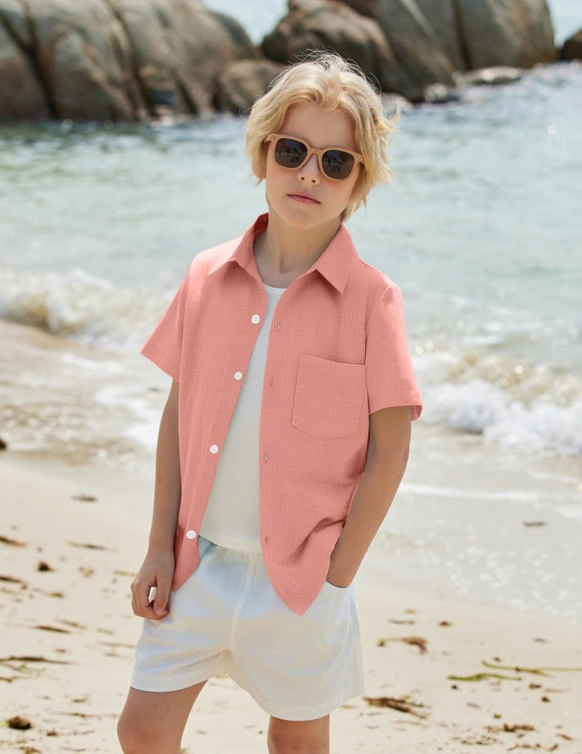 image:imageArshiner Boys Button Down Shirt 100 Cotton Short Sleeve Shirt Solid Summer Beach Shirts with Pocket Size 414 YearsPink