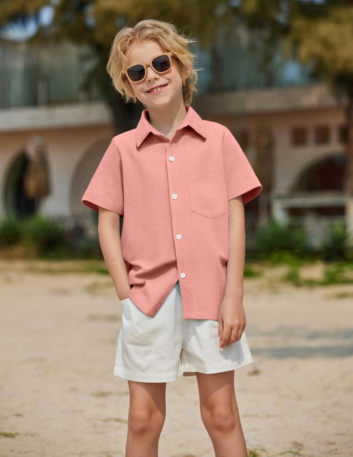 image:imageArshiner Boys Button Down Shirt 100 Cotton Short Sleeve Shirt Solid Summer Beach Shirts with Pocket Size 414 YearsPink