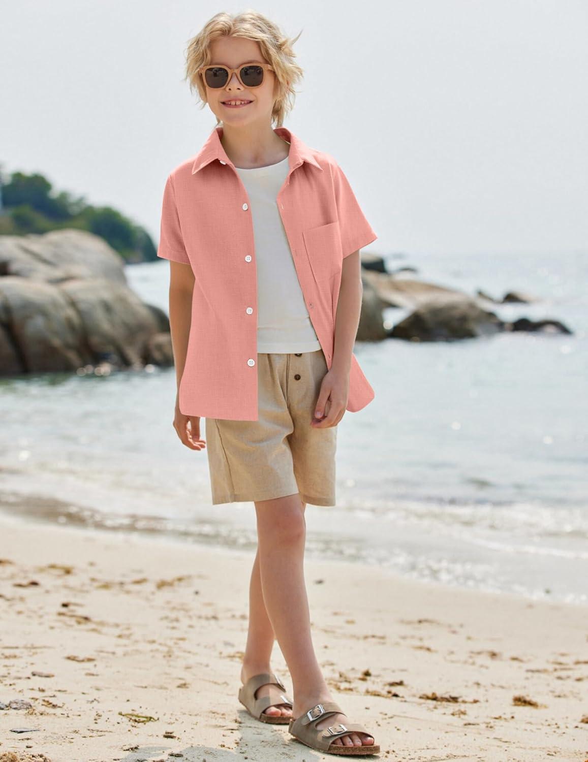 image:imageArshiner Boys Button Down Shirt 100 Cotton Short Sleeve Shirt Solid Summer Beach Shirts with Pocket Size 414 YearsPink