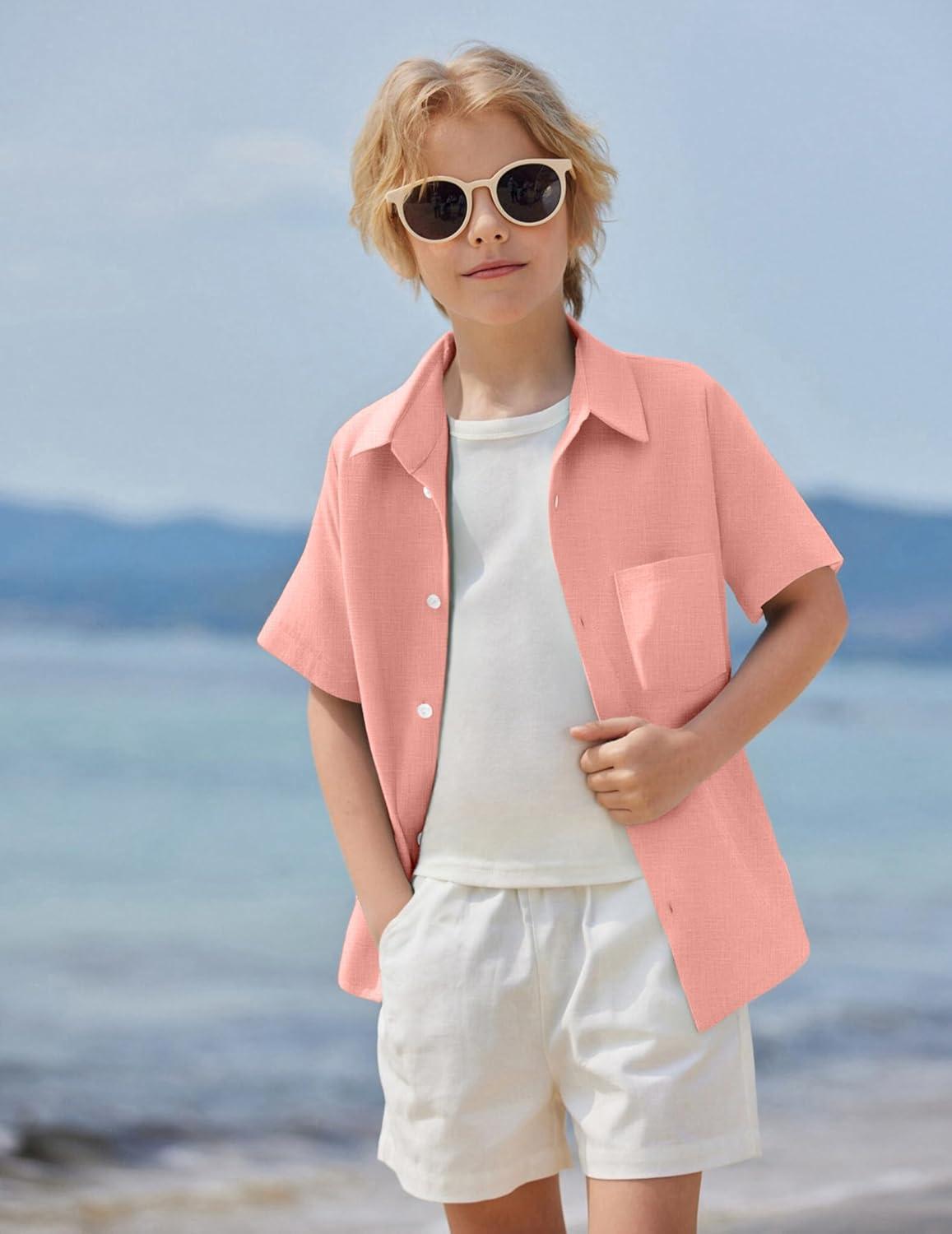 image:imageArshiner Boys Button Down Shirt 100 Cotton Short Sleeve Shirt Solid Summer Beach Shirts with Pocket Size 414 YearsPink