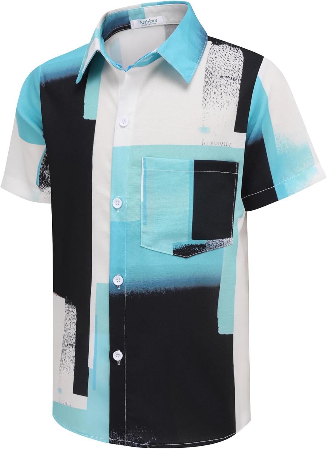 image:imageArshiner Boys Hawaiian Shirt Summer Tropical Button Down Shirt Short Sleeve Beach Shirt for Kids 100 Cotton Size 414 YearsBlue White Colorblock