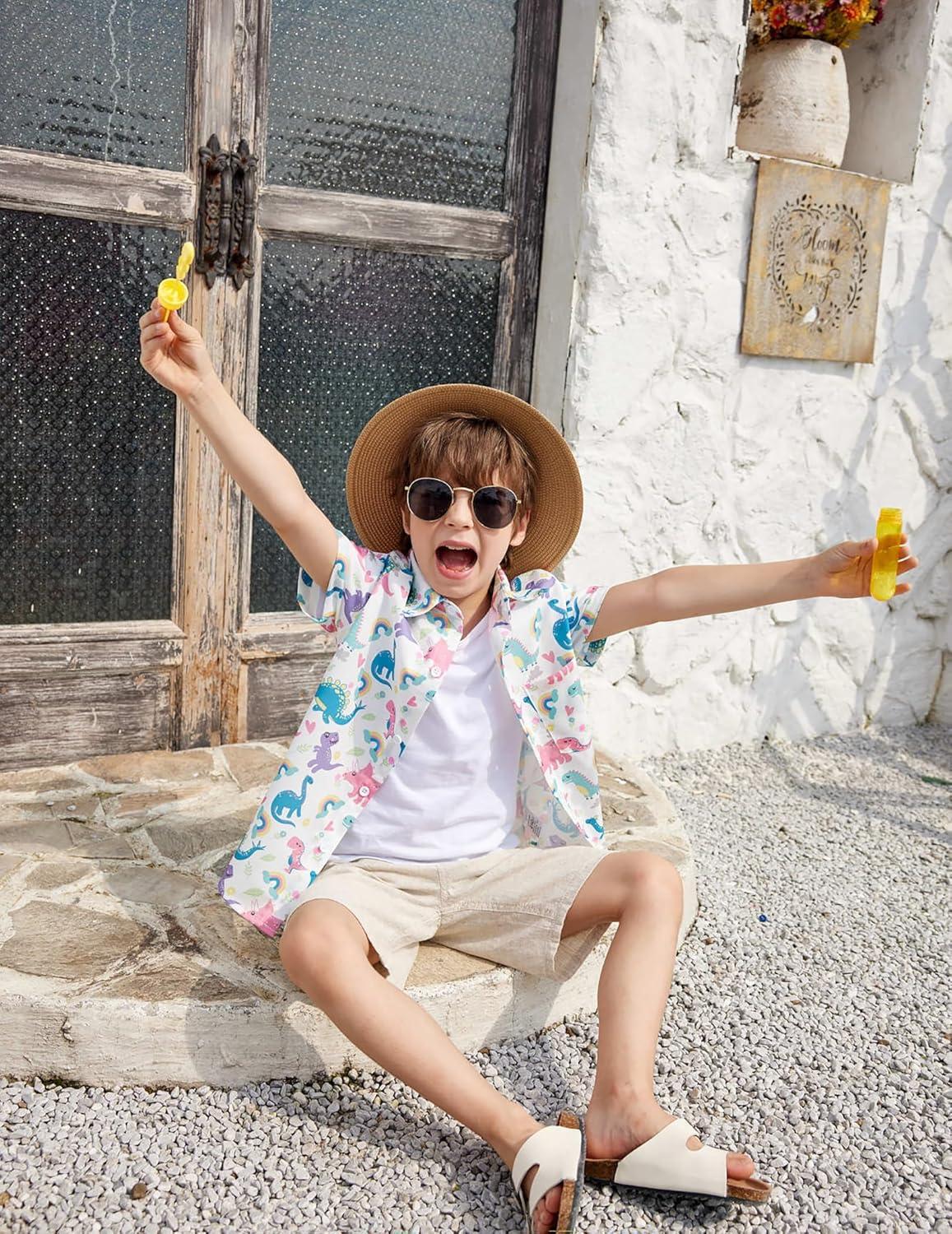 image:imageArshiner Boys Hawaiian Shirt Summer Tropical Button Down Shirt Short Sleeve Beach Shirt for Kids 100 Cotton Size 414 YearsWhite Dinosaur Print