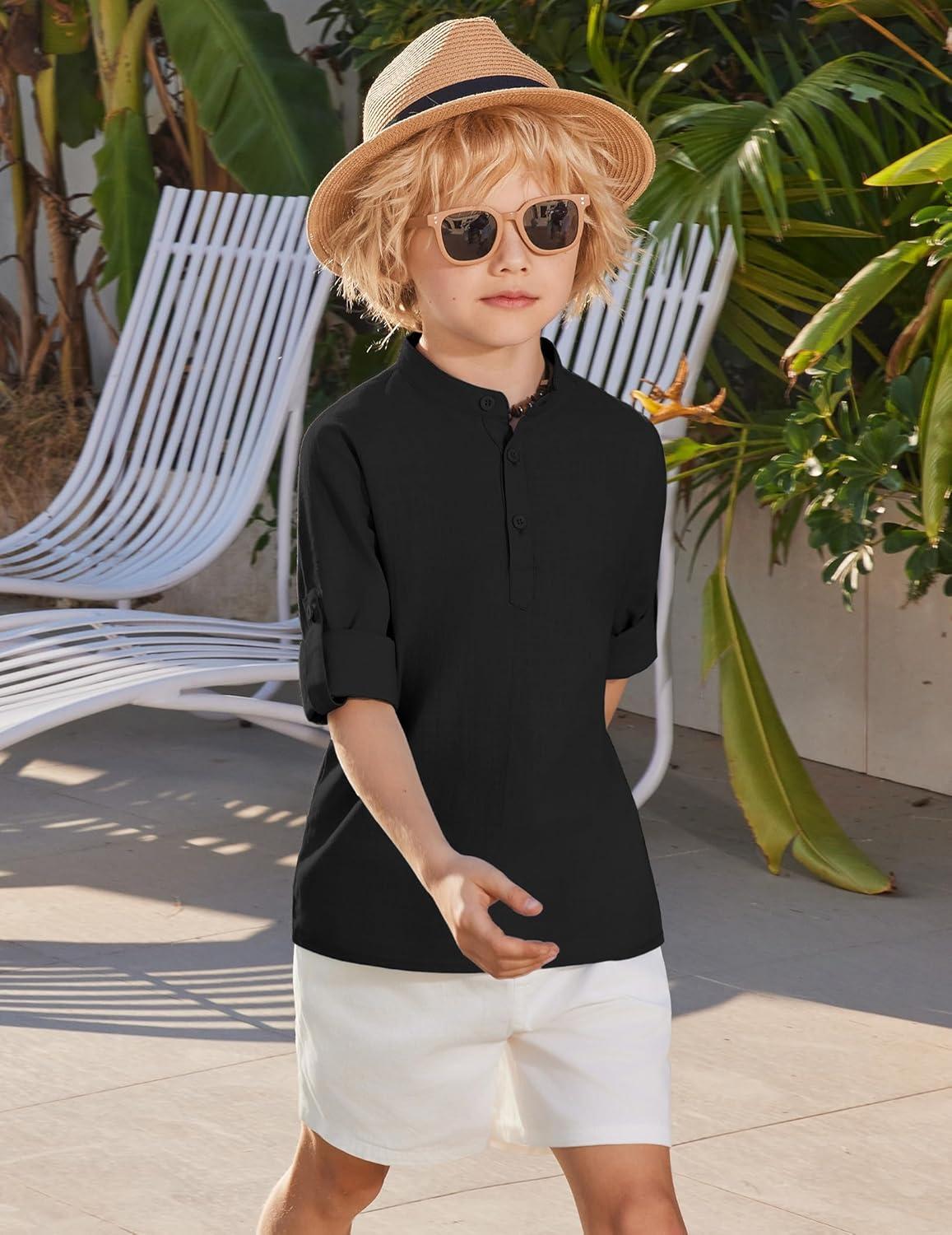 image:imageArshiner Boys Linen Henley Cotton Shirt Button Up Short Sleeve Beach Tee Casual Tops Size 412 YearsBlack