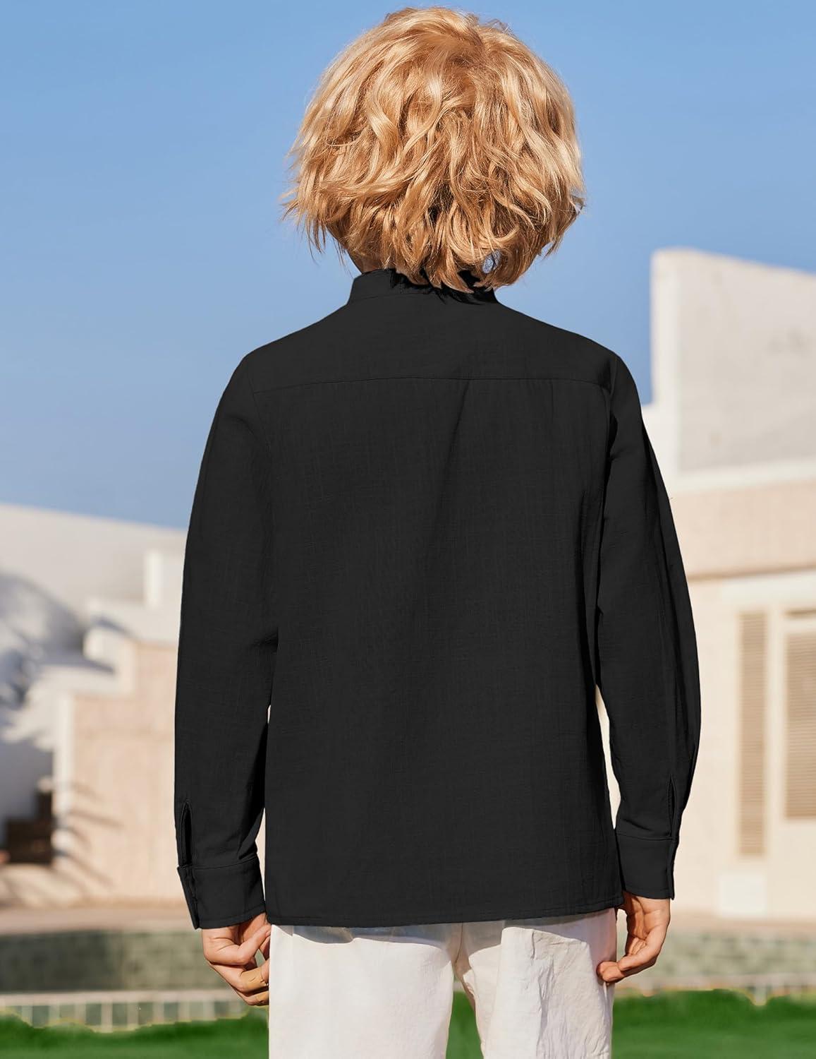 image:imageArshiner Boys Linen Henley Cotton Shirt Button Up Short Sleeve Beach Tee Casual Tops Size 412 YearsBlack