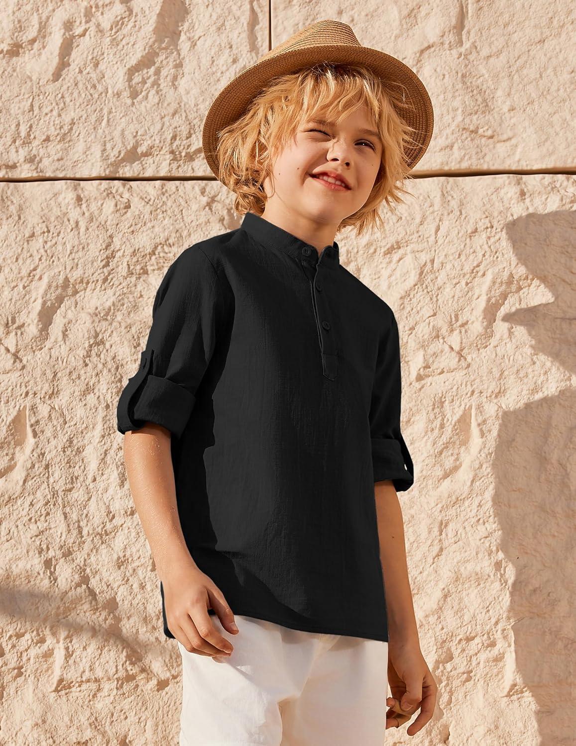 image:imageArshiner Boys Linen Henley Cotton Shirt Button Up Short Sleeve Beach Tee Casual Tops Size 412 YearsBlack