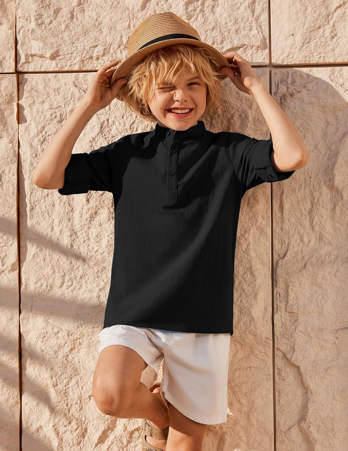 image:imageArshiner Boys Linen Henley Cotton Shirt Button Up Short Sleeve Beach Tee Casual Tops Size 412 YearsBlack