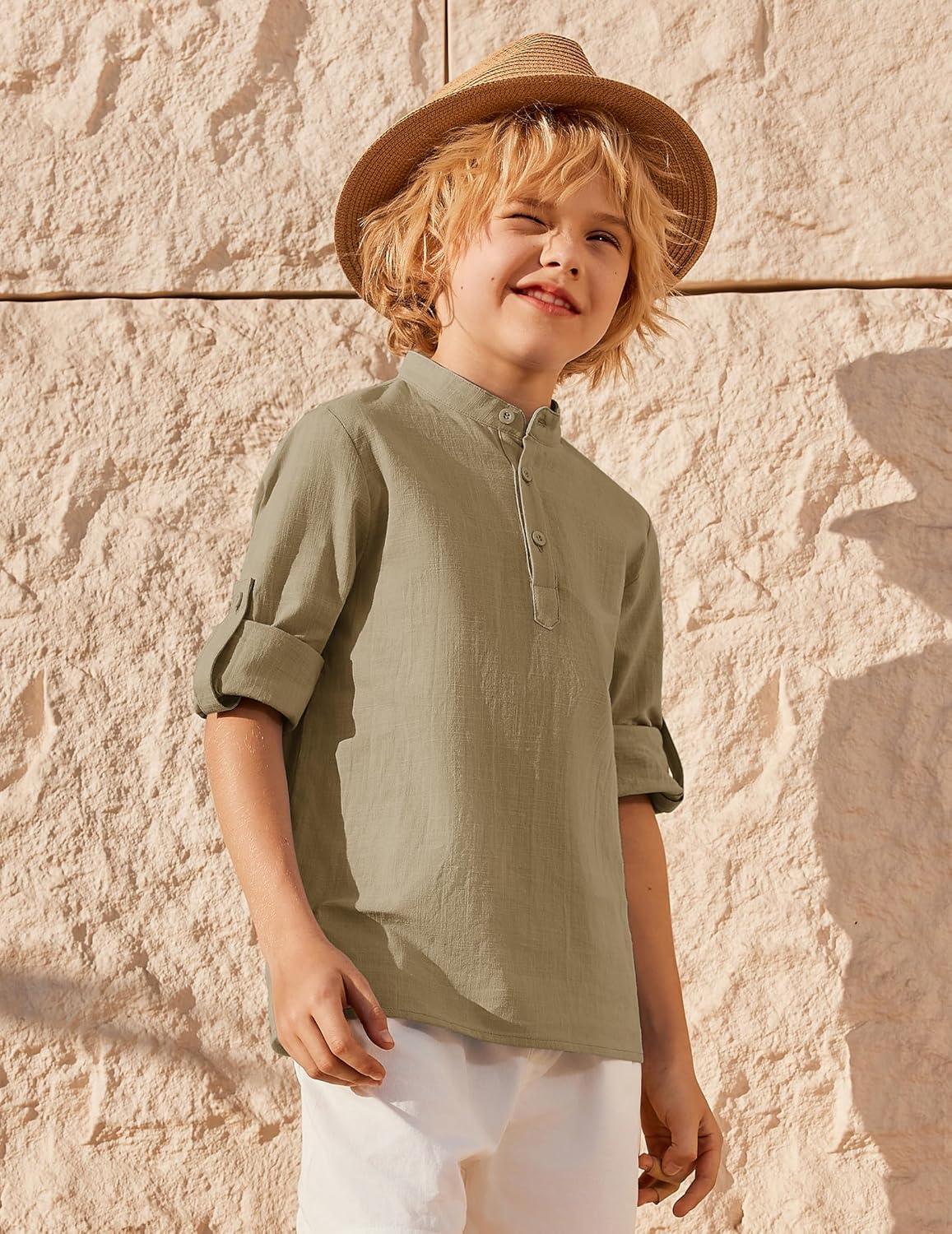 image:imageArshiner Boys Linen Henley Cotton Shirt Button Up Short Sleeve Beach Tee Casual Tops Size 412 YearsKhaki