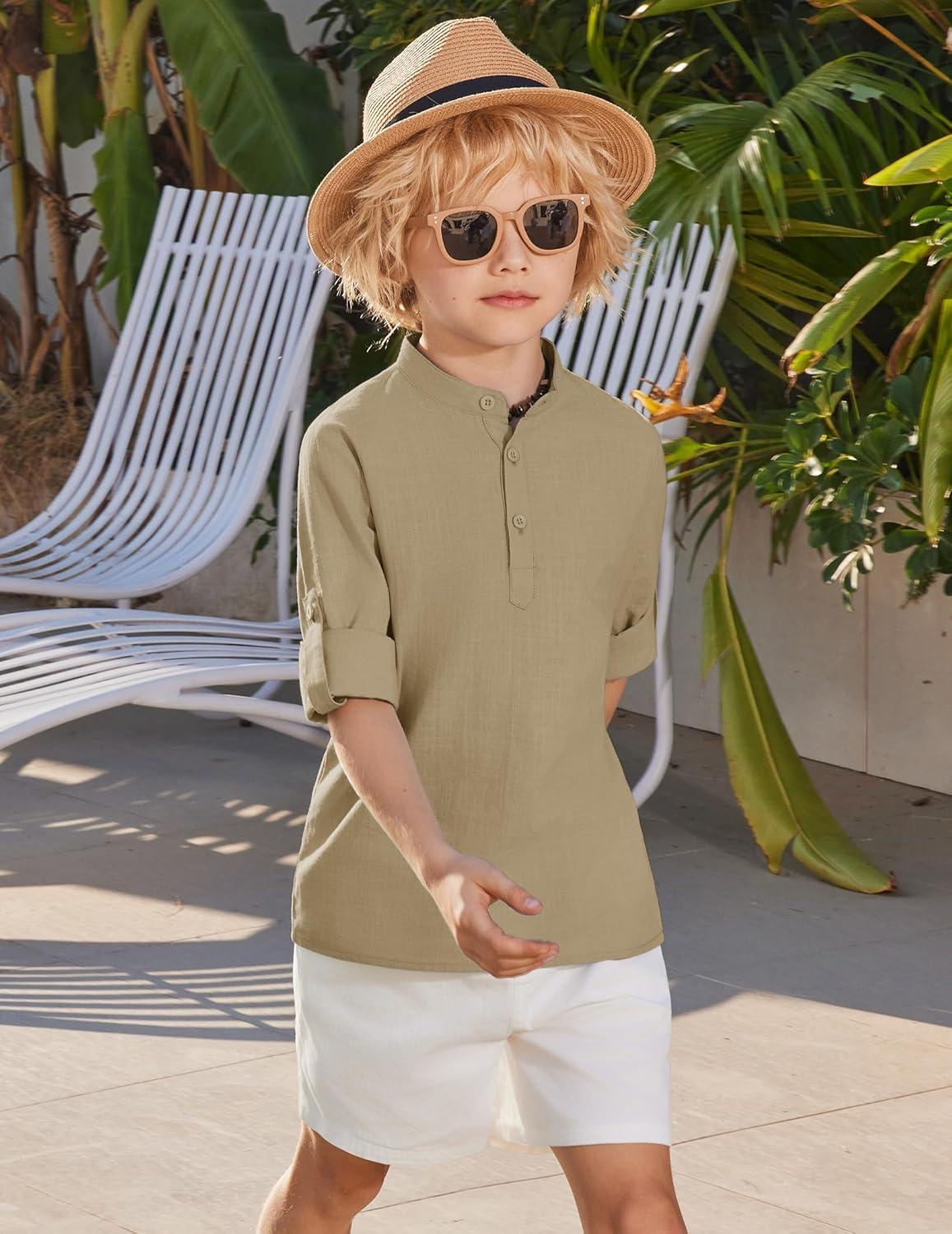 image:imageArshiner Boys Linen Henley Cotton Shirt Button Up Short Sleeve Beach Tee Casual Tops Size 412 YearsKhaki