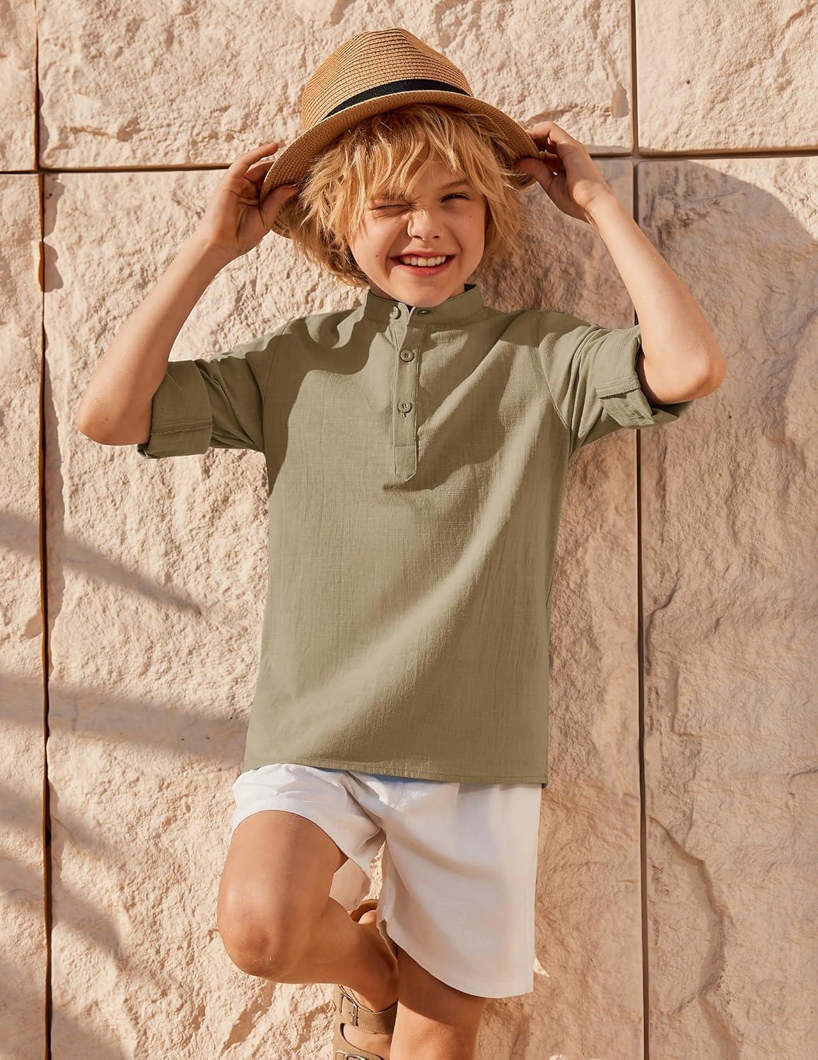 image:imageArshiner Boys Linen Henley Cotton Shirt Button Up Short Sleeve Beach Tee Casual Tops Size 412 YearsKhaki