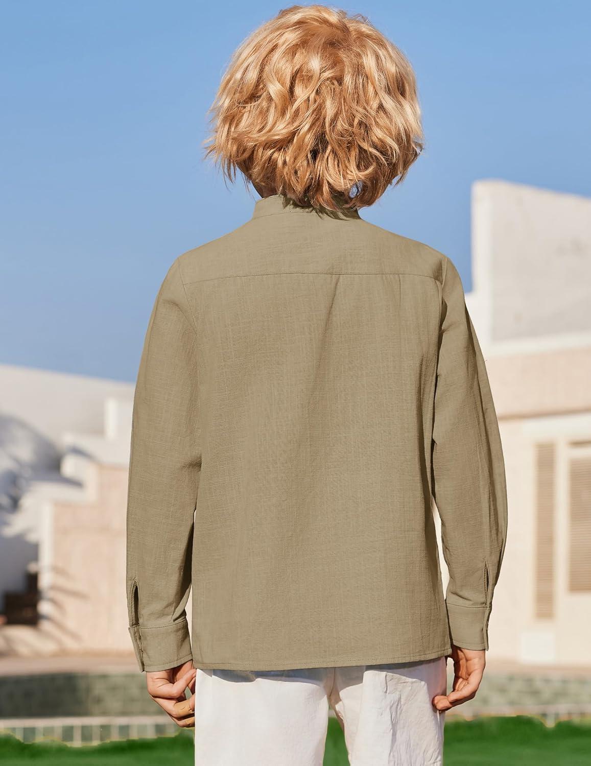 image:imageArshiner Boys Linen Henley Cotton Shirt Button Up Short Sleeve Beach Tee Casual Tops Size 412 YearsKhaki
