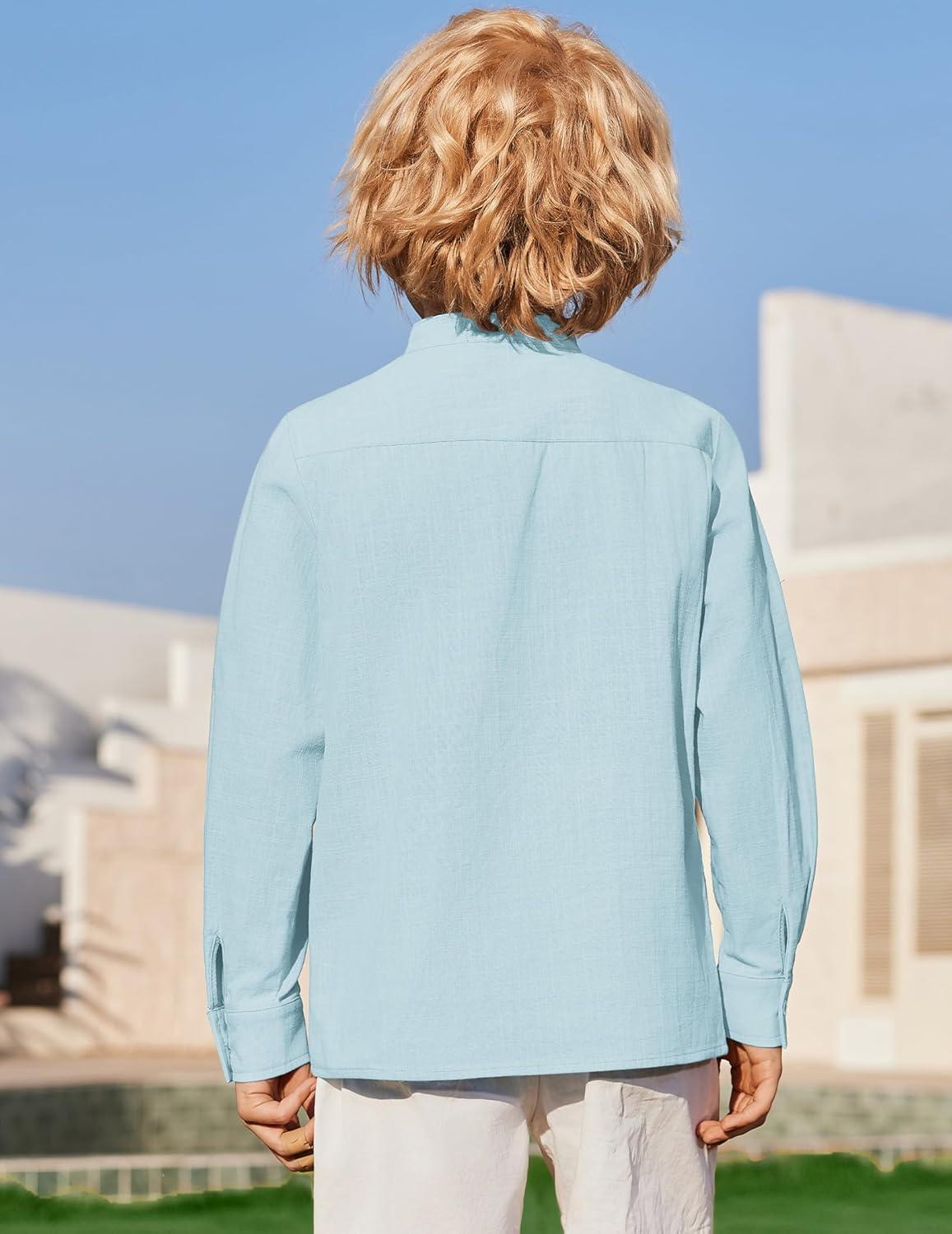 image:imageArshiner Boys Linen Henley Cotton Shirt Button Up Short Sleeve Beach Tee Casual Tops Size 412 YearsLight Blue