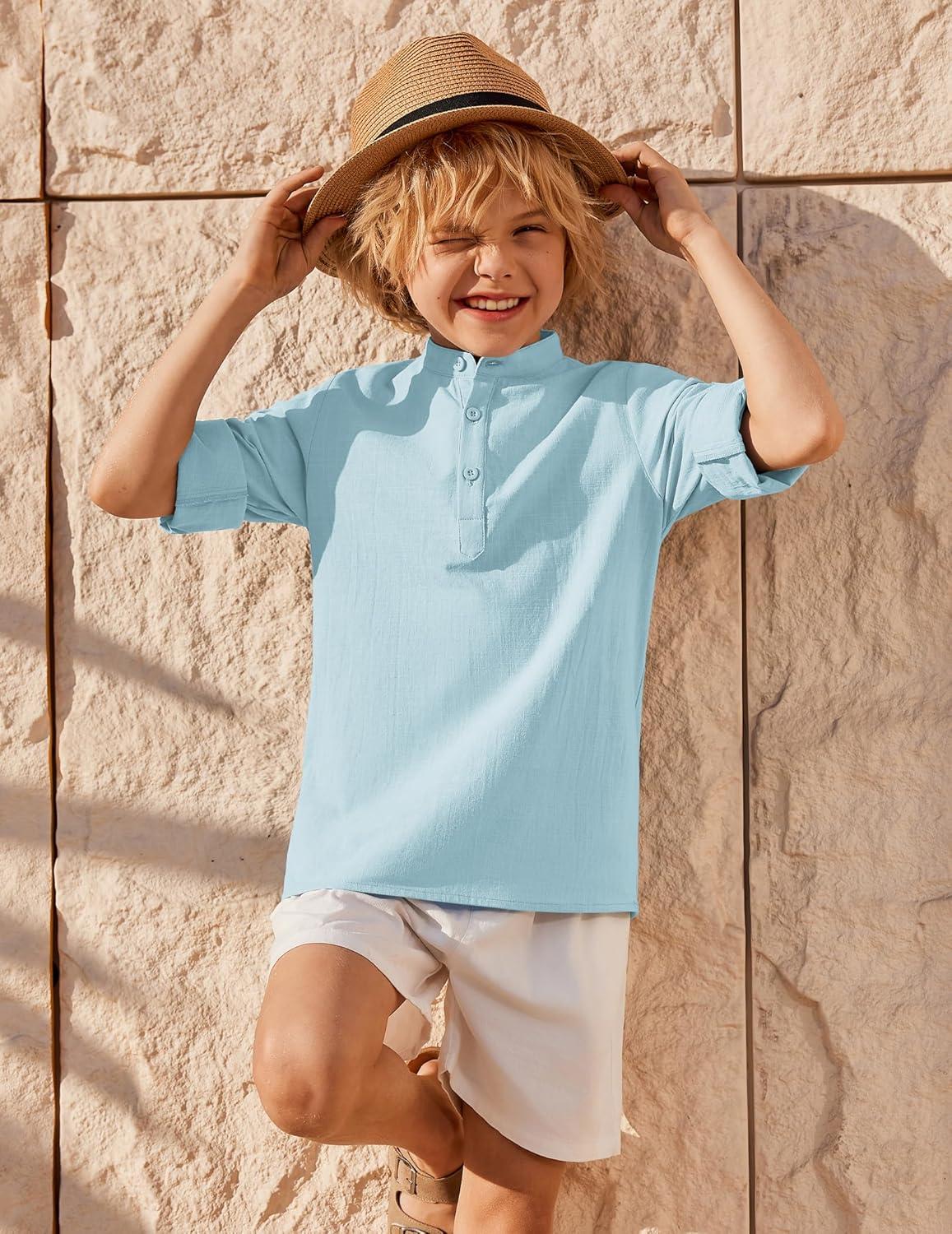 image:imageArshiner Boys Linen Henley Cotton Shirt Button Up Short Sleeve Beach Tee Casual Tops Size 412 YearsLight Blue
