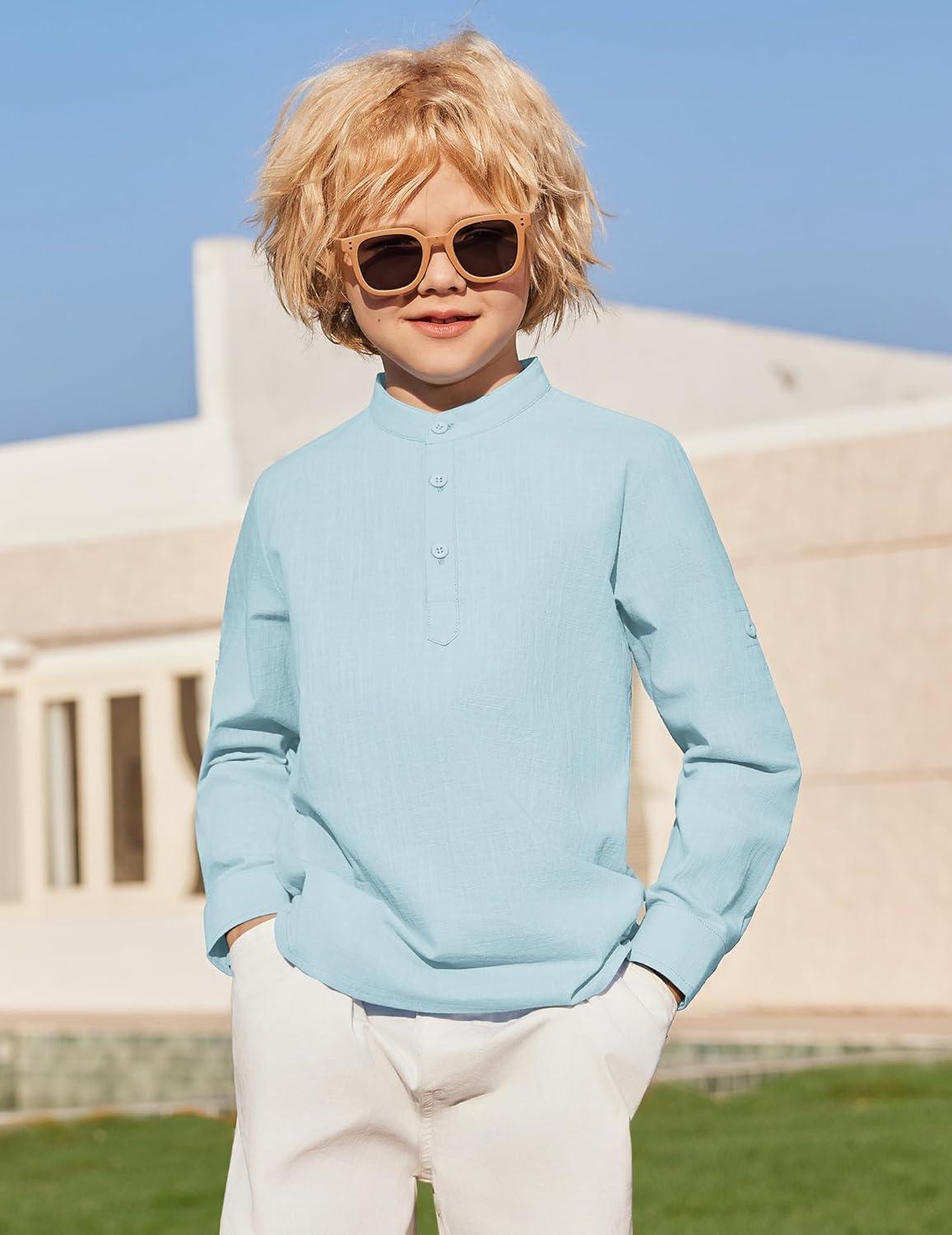 image:imageArshiner Boys Linen Henley Cotton Shirt Button Up Short Sleeve Beach Tee Casual Tops Size 412 YearsLight Blue