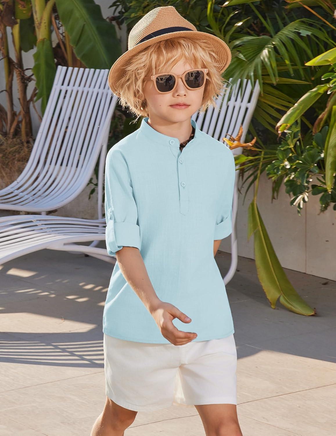 image:imageArshiner Boys Linen Henley Cotton Shirt Button Up Short Sleeve Beach Tee Casual Tops Size 412 YearsLight Blue