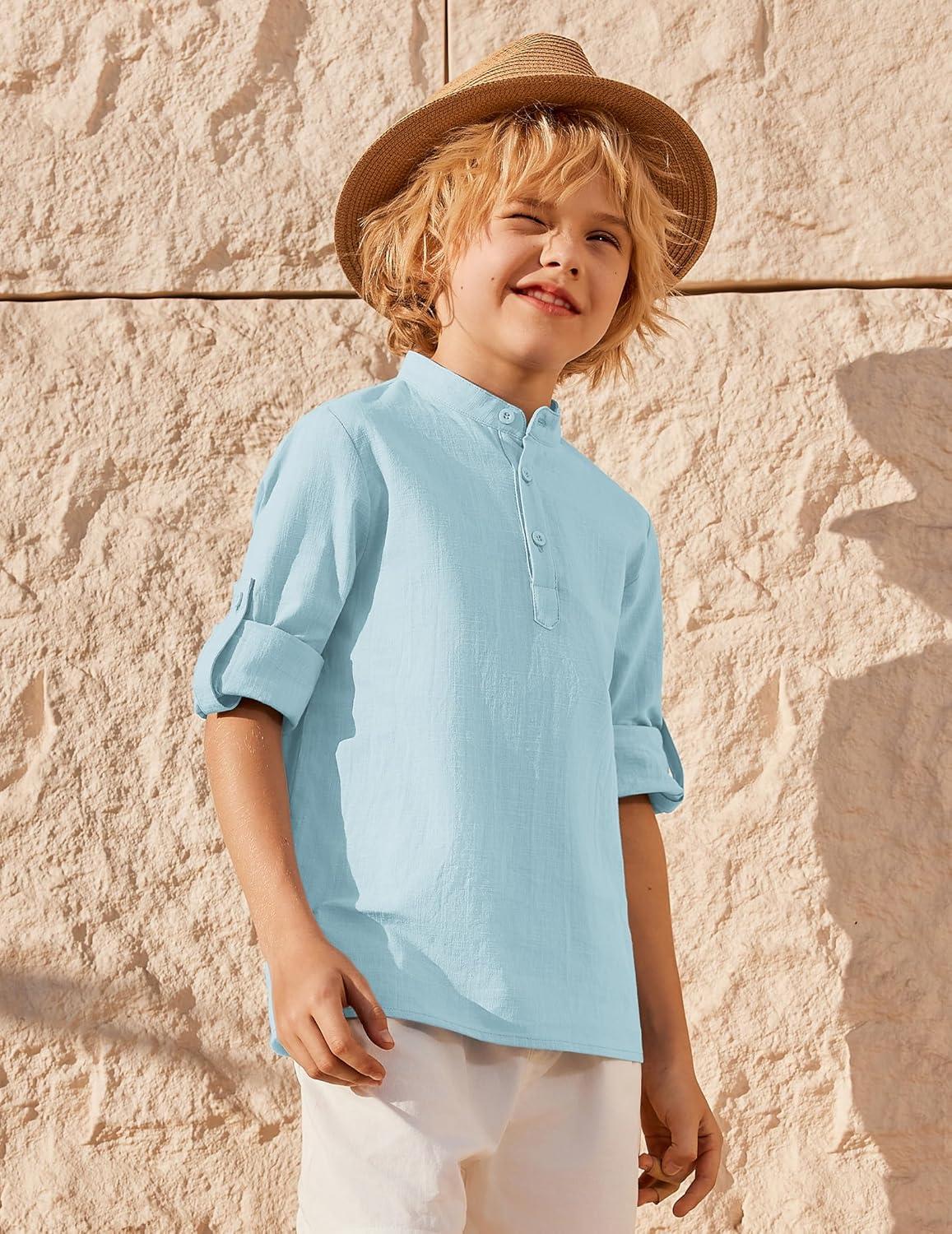 image:imageArshiner Boys Linen Henley Cotton Shirt Button Up Short Sleeve Beach Tee Casual Tops Size 412 YearsLight Blue