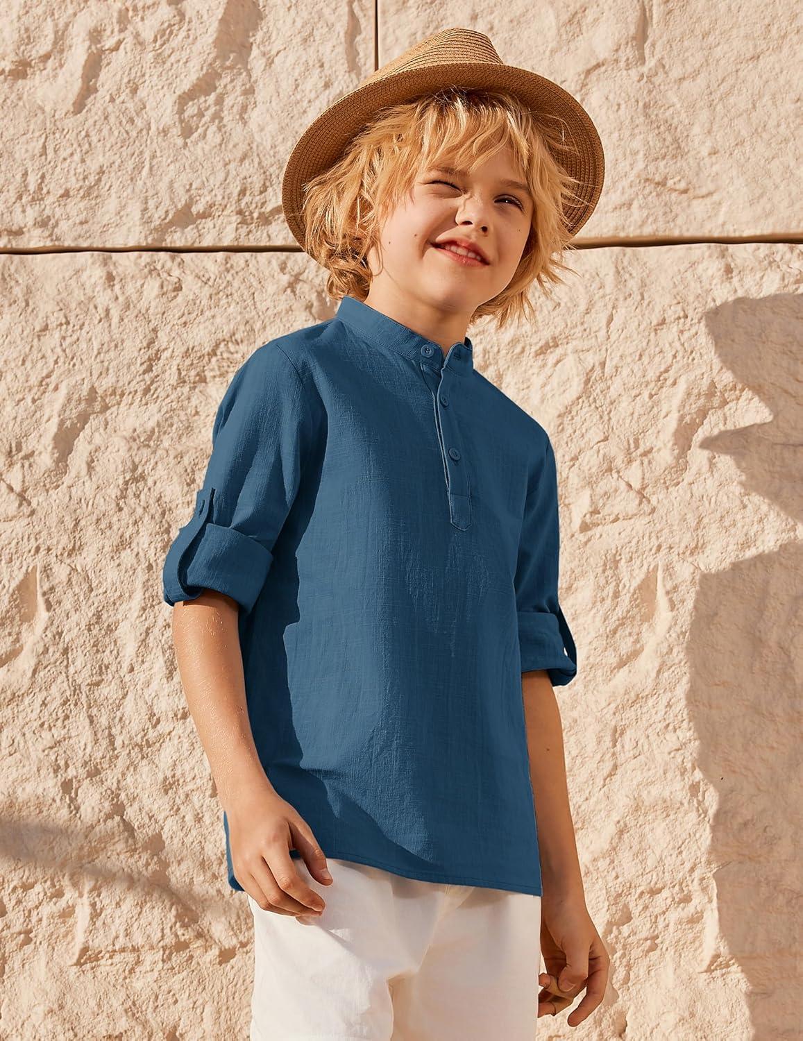 image:imageArshiner Boys Linen Henley Cotton Shirt Button Up Short Sleeve Beach Tee Casual Tops Size 412 YearsNavy Blue