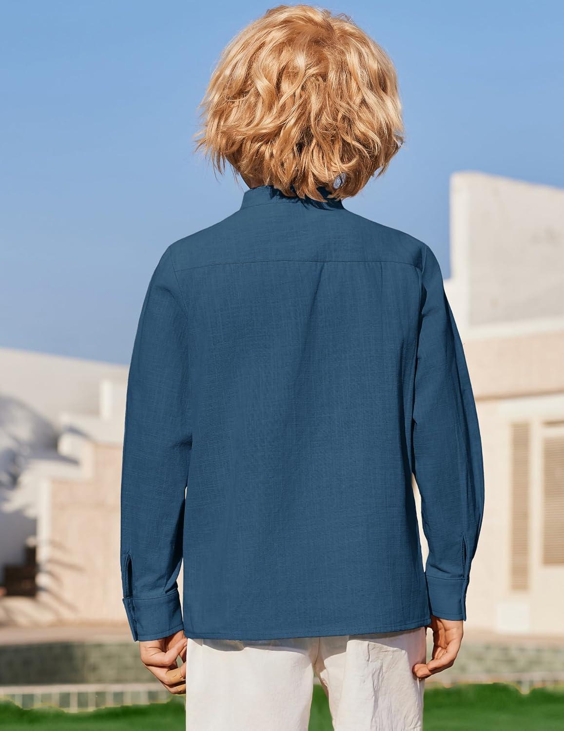 image:imageArshiner Boys Linen Henley Cotton Shirt Button Up Short Sleeve Beach Tee Casual Tops Size 412 YearsNavy Blue