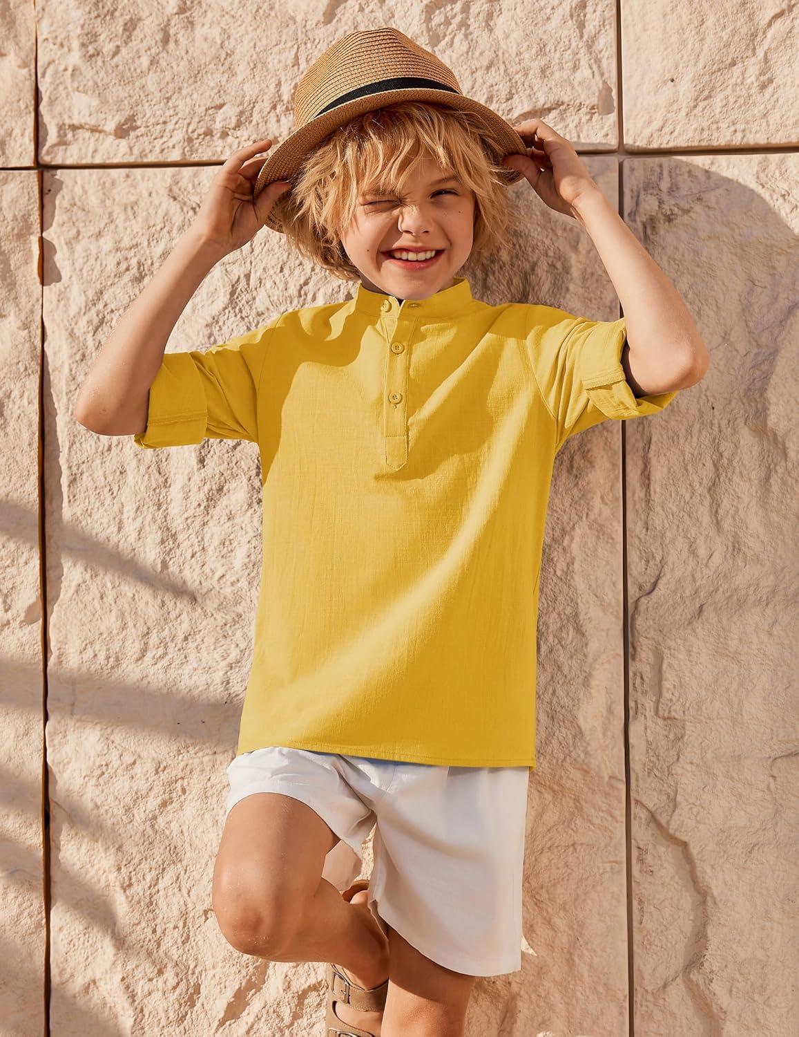 image:imageArshiner Boys Linen Henley Cotton Shirt Button Up Short Sleeve Beach Tee Casual Tops Size 412 YearsYellow