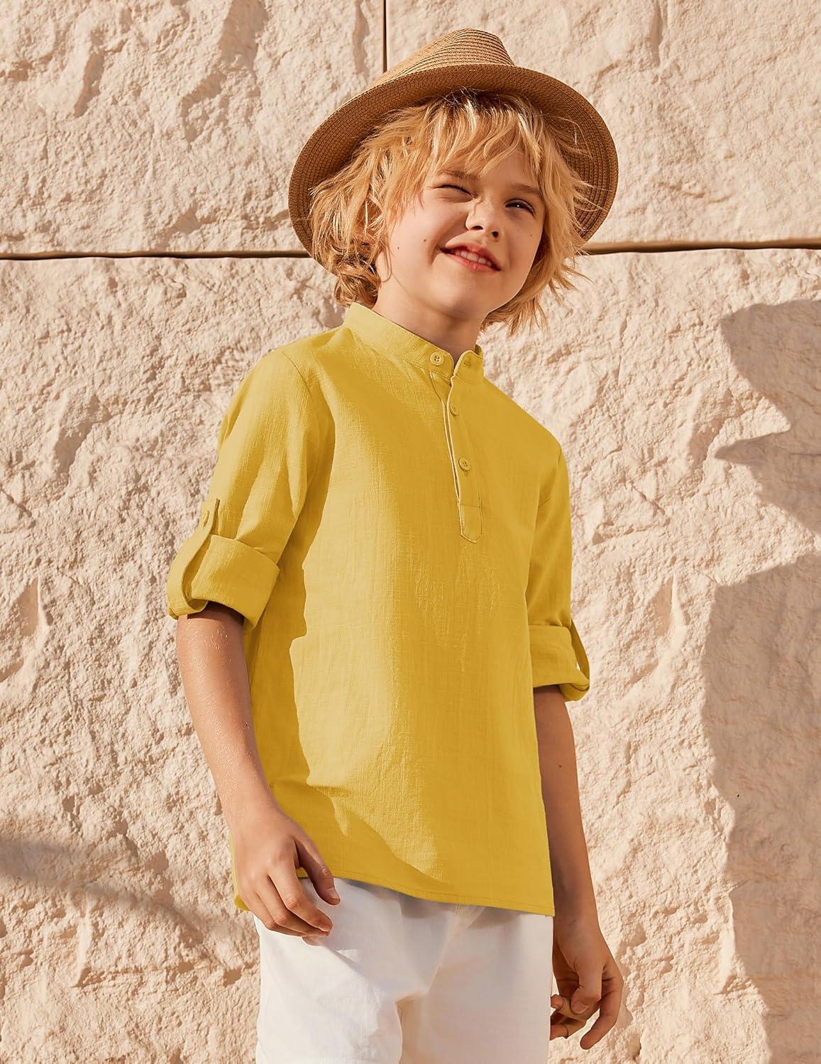 image:imageArshiner Boys Linen Henley Cotton Shirt Button Up Short Sleeve Beach Tee Casual Tops Size 412 YearsYellow