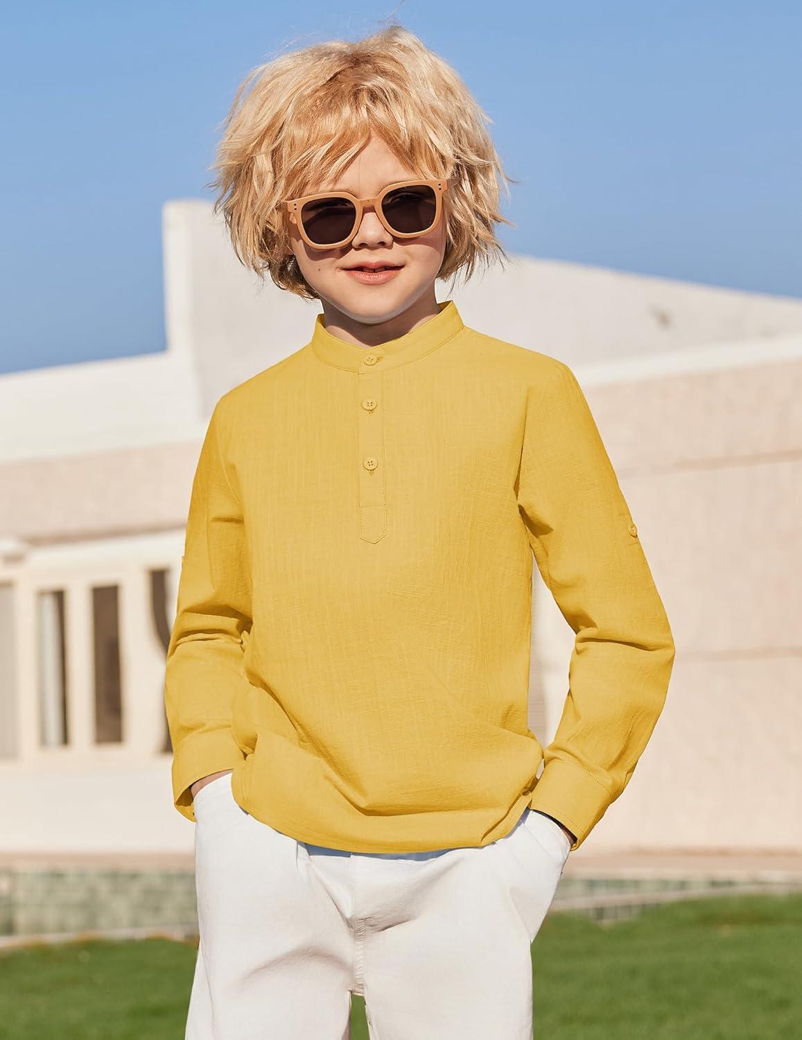 image:imageArshiner Boys Linen Henley Cotton Shirt Button Up Short Sleeve Beach Tee Casual Tops Size 412 YearsYellow