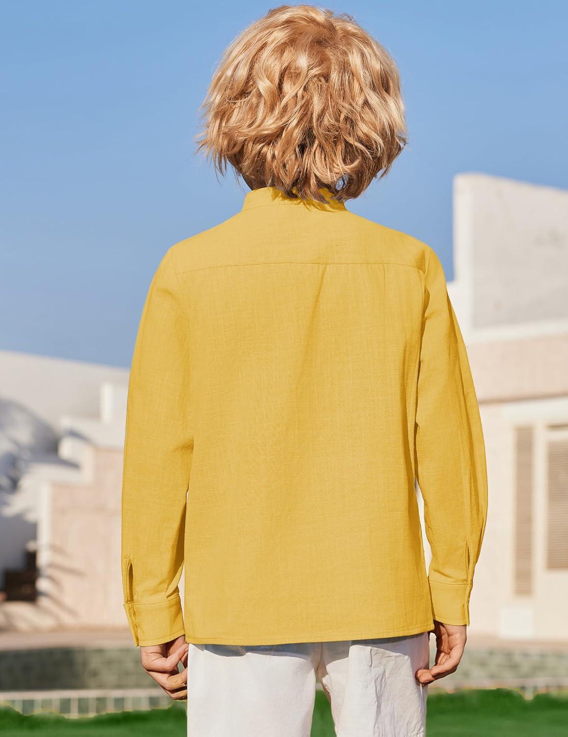 image:imageArshiner Boys Linen Henley Cotton Shirt Button Up Short Sleeve Beach Tee Casual Tops Size 412 YearsYellow