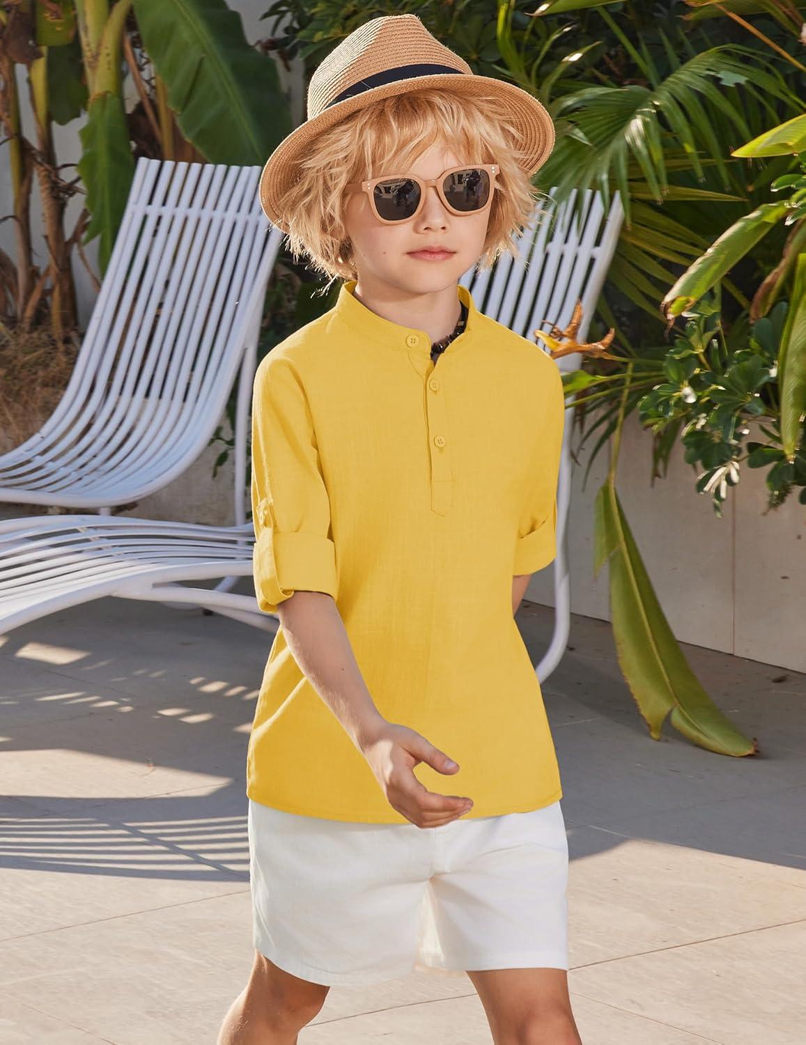 image:imageArshiner Boys Linen Henley Cotton Shirt Button Up Short Sleeve Beach Tee Casual Tops Size 412 YearsYellow