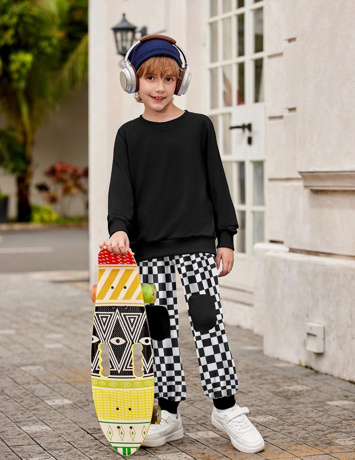 image:imageArshiner Boys Pant Sets Long Sleeve Black Shirts and Plaid Pants Crewneck Sweatshirt for Fall Winter 34T
