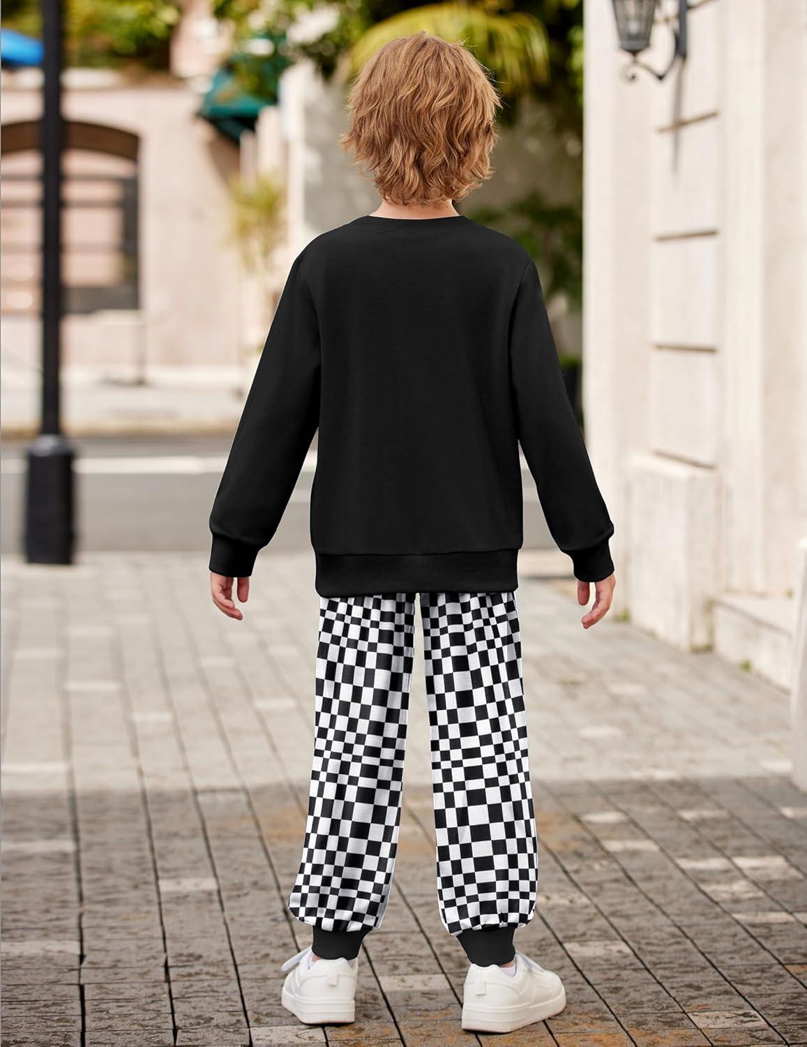 image:imageArshiner Boys Pant Sets Long Sleeve Black Shirts and Plaid Pants Crewneck Sweatshirt for Fall Winter 34T