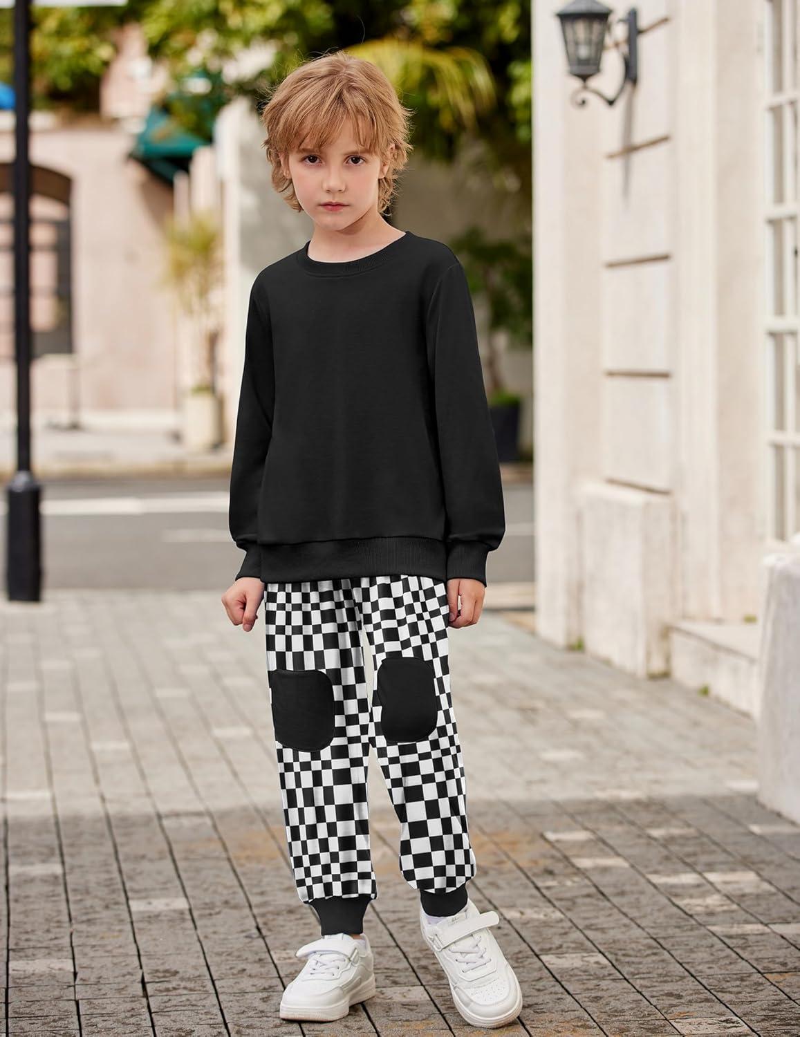 image:imageArshiner Boys Pant Sets Long Sleeve Black Shirts and Plaid Pants Crewneck Sweatshirt for Fall Winter 34T