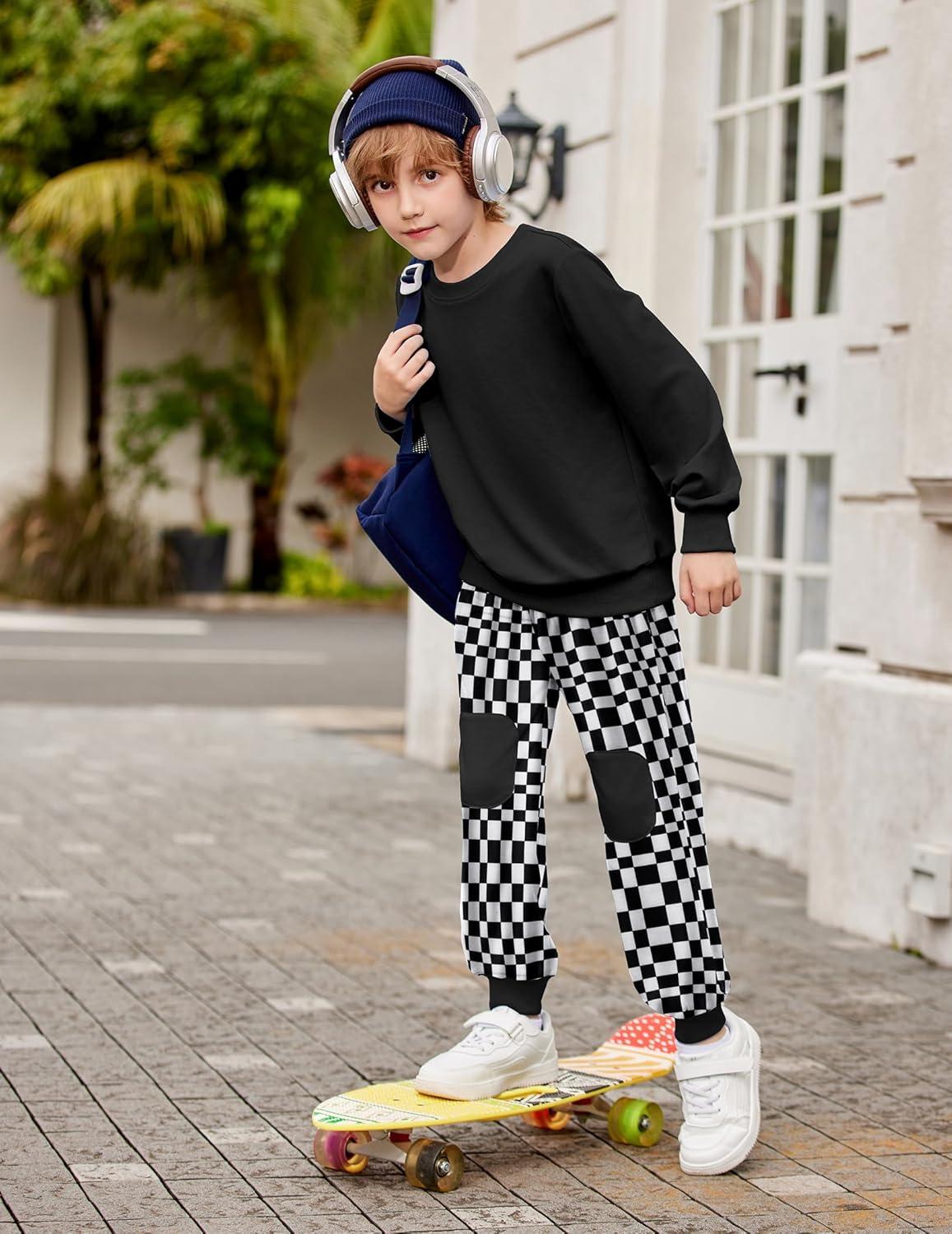 image:imageArshiner Boys Pant Sets Long Sleeve Black Shirts and Plaid Pants Crewneck Sweatshirt for Fall Winter 34T